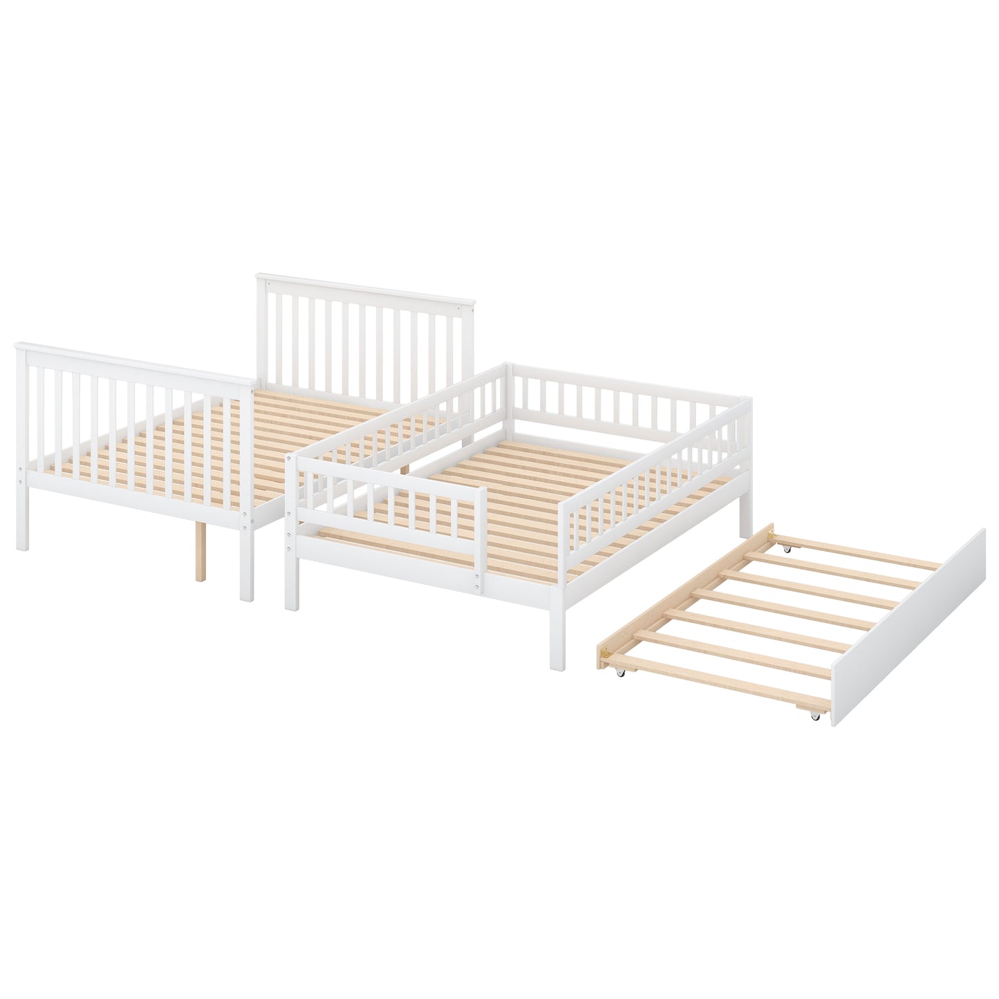 White Full over Full Bunk Bed with Trundle, Staircase, and Storage - Space-Saving Full Bunk Bed with Trundle