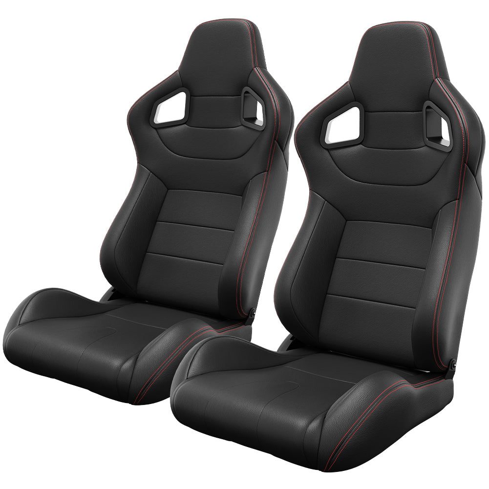 Carbon Look Reclinable Racing Seats with Red Stitch - Set of 2