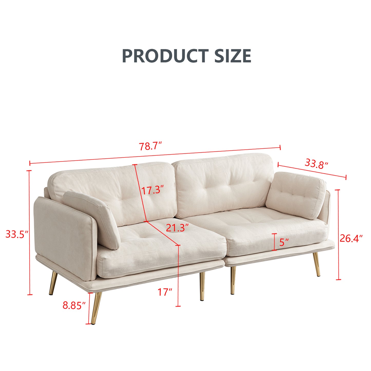 Beige 3-Seat Sofa with Gold Metal Legs and Cotton Linen Fabric