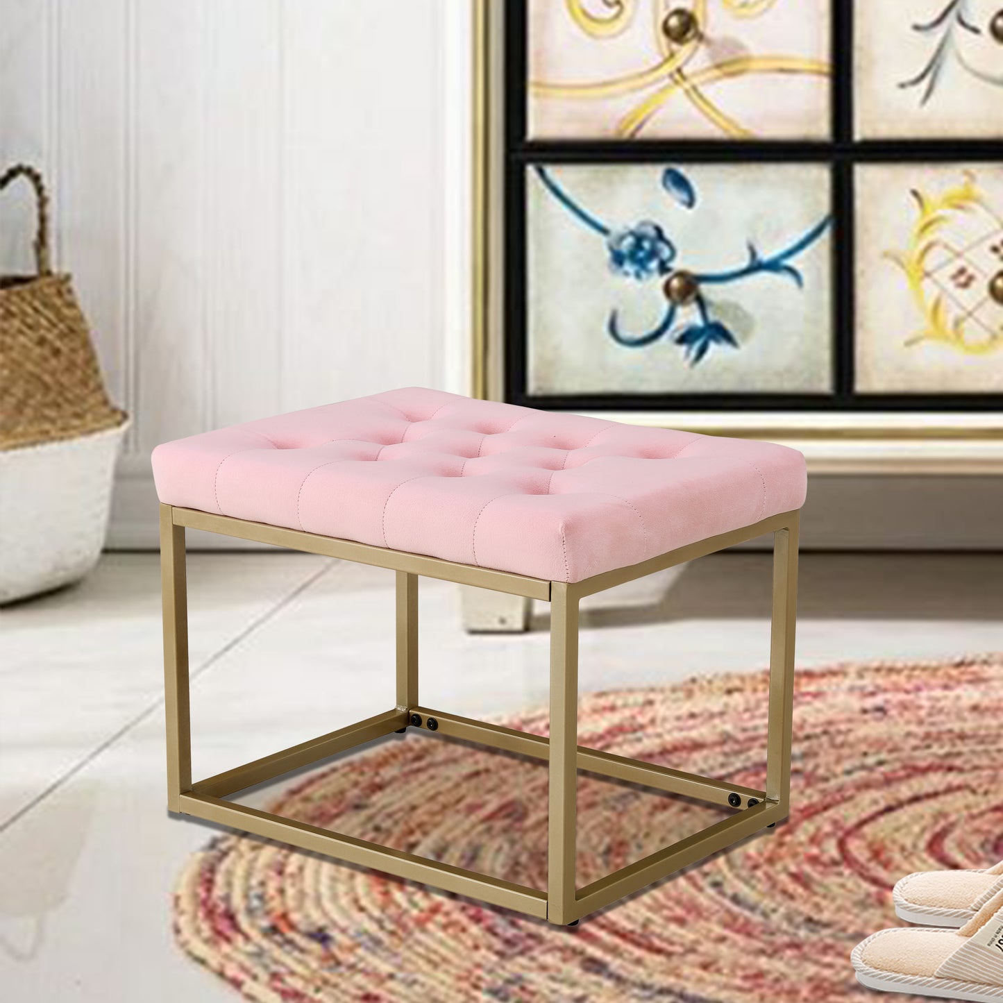 Chair Velvet Shoe Changing Stool, Footstool, Square Cushion Foot Stool, Sofa stool, Rest stool,Low Stool .Step Stool, Small Footrest .Suitable for Clothes Shop,Living Room, Porch,Pink BenchST-001-PI