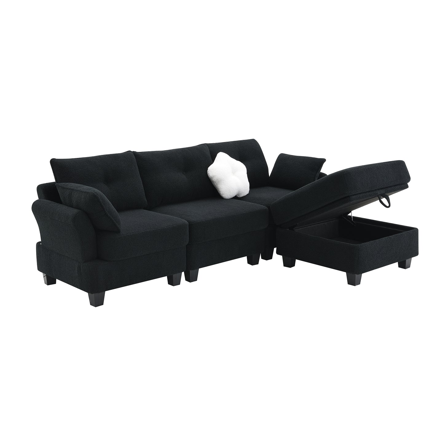 Modern Teddy Velvet Sectional Sofa with Charging Ports and Storage Ottoman - 4 Seat L-shaped Couch