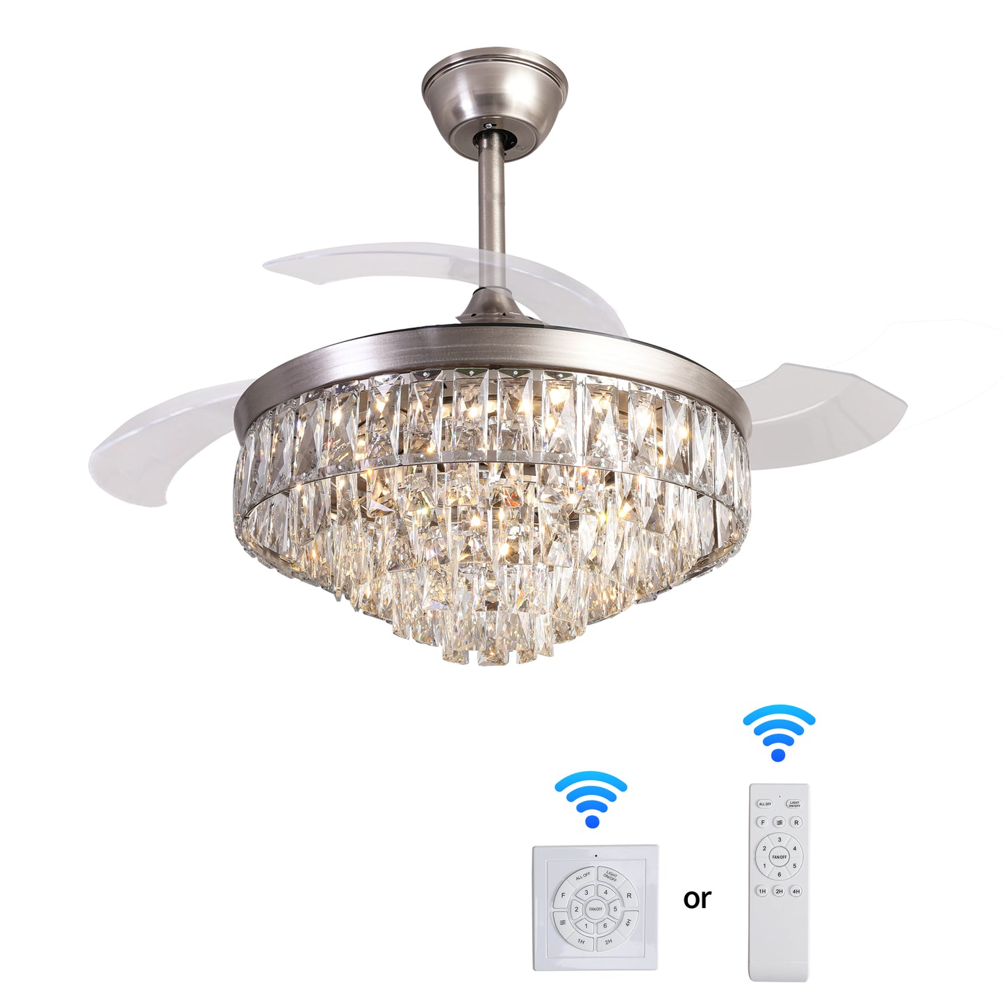 42 Vintage Silver Crystal Ceiling Fan Chandelier with Remote Control - Luxury Lighting Fixture