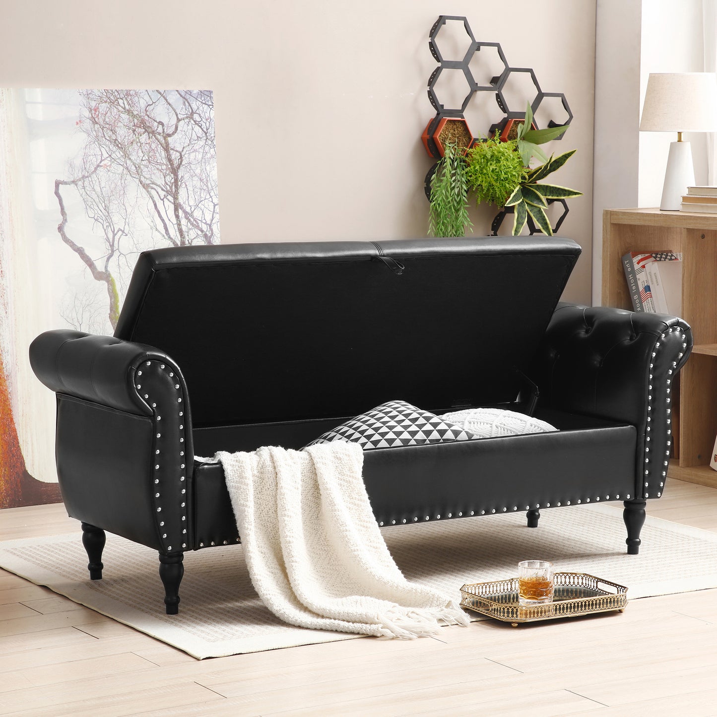 63 Black Upholstered Storage Bench Ottoman with Pillow