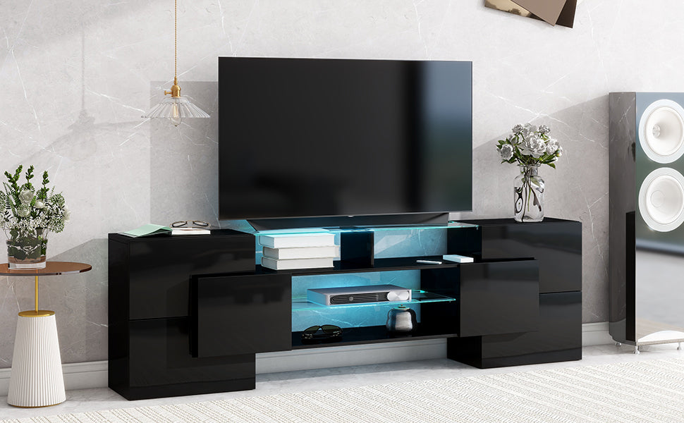 Black High Gloss TV Stand with LED Glass Shelves for TVs Up to 80