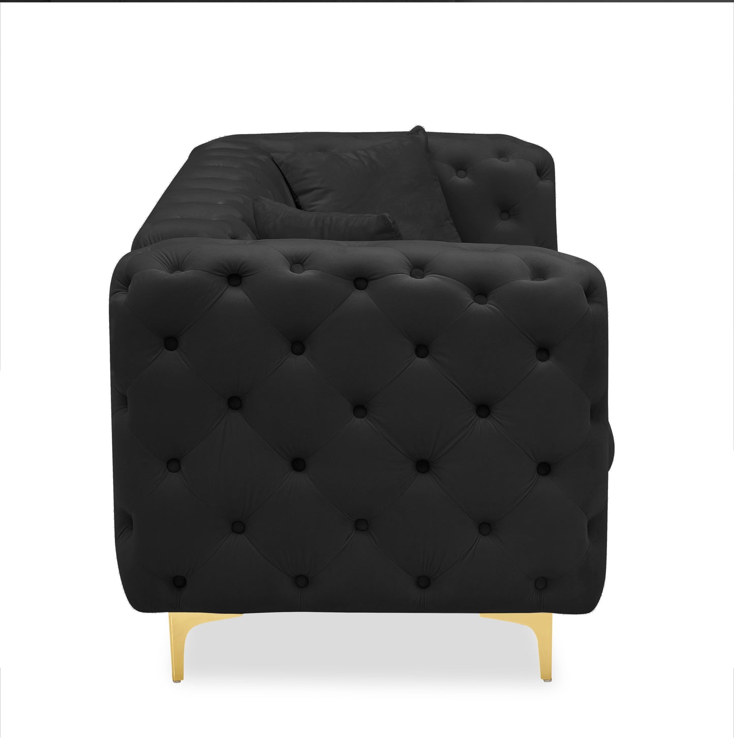 New design comfortable black loveseat with two throw pillows in the same color