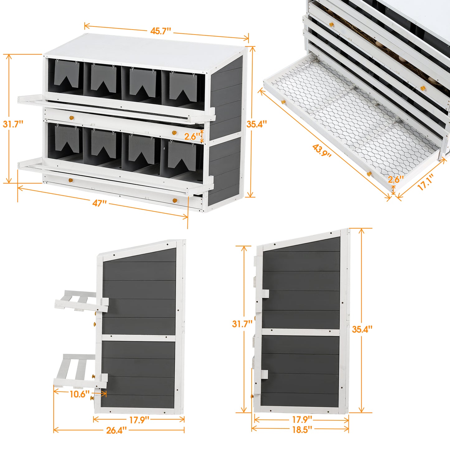 Wooden Chicken Nesting Box for Laying Eggs,Solid Pine Wood 8 Compartments Egg Laying Boxes for Hens with 2 Roll Out Egg Collection Drawers and 4 Vented Holes,2 Foldable Perches,47"Lx26.4"Wx35.4"H-Gray