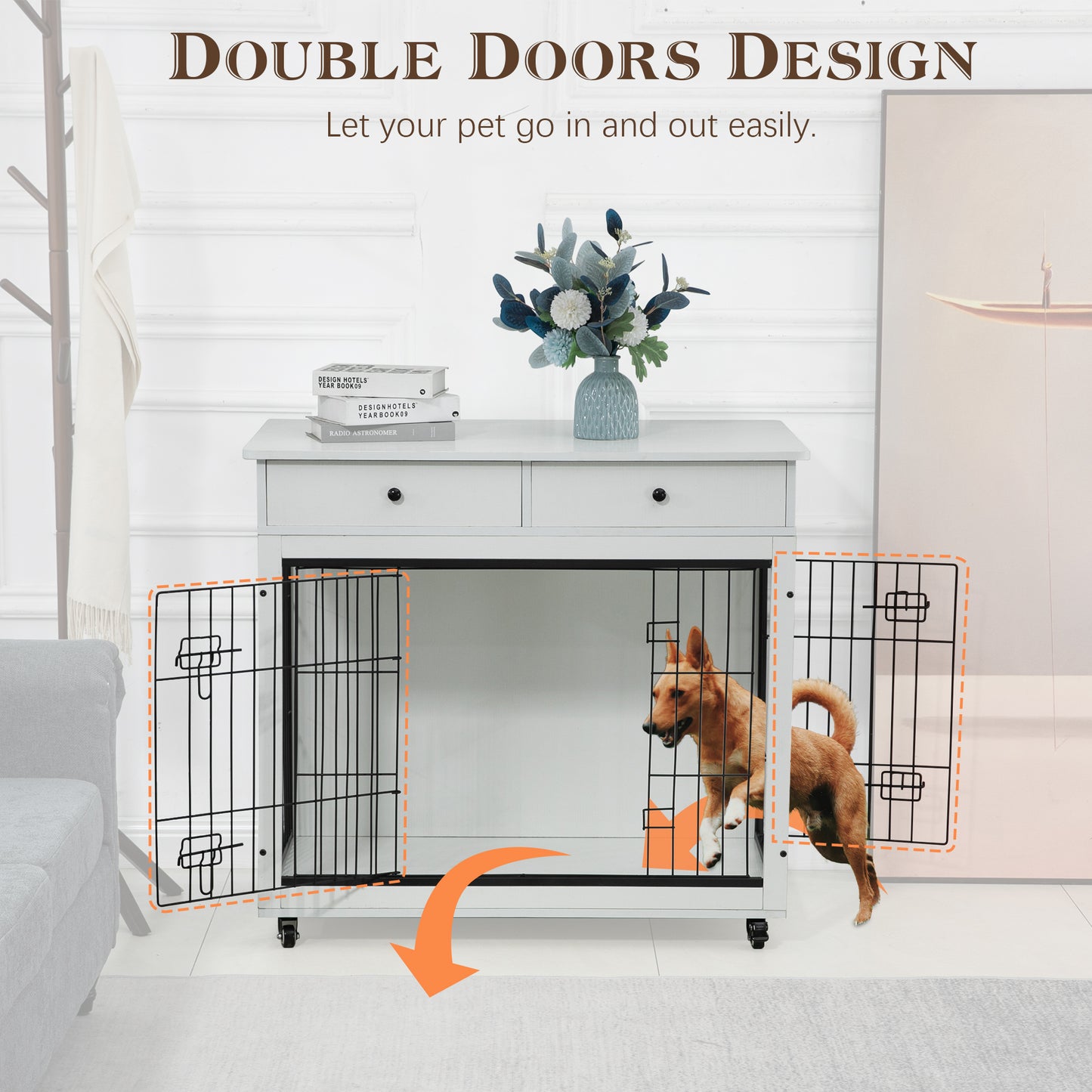 Dog Crate Furniture, Wooden Dog House, Decorative Dog Kennel with Drawer, Indoor Pet Crate End Table for Small Dog, Steel-Tube Dog Cage, Chew-Proof, White 31.7" L×23.2" W×33" H