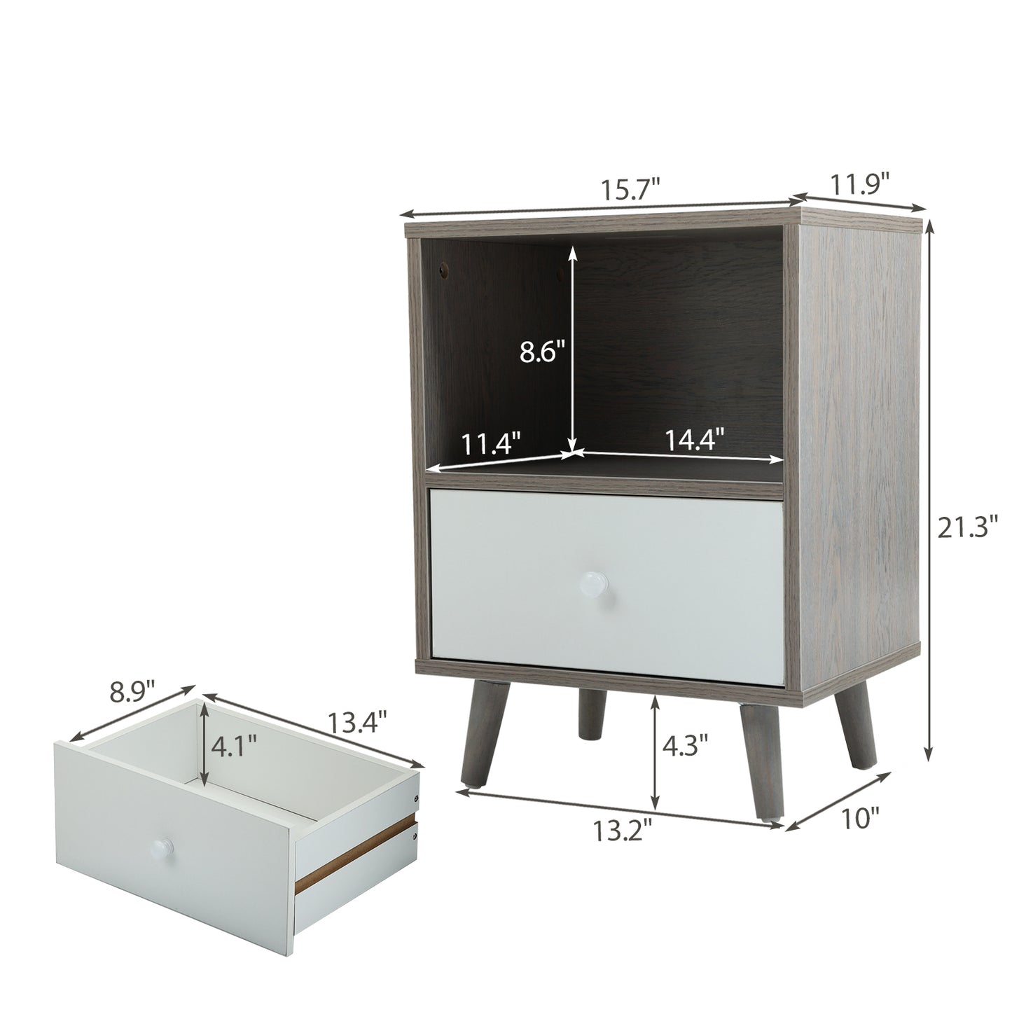 Set of 2 Low foot bedside table with drawer storage compartment - gray