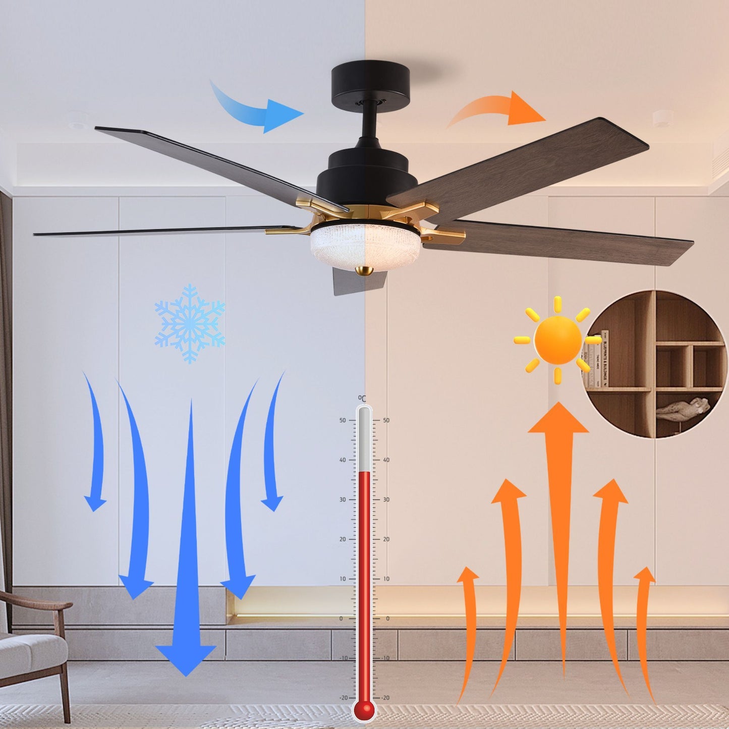 52 Inch Modern Black Ceiling Fan with Remote Control for Bedroom, Living Room, and Patios