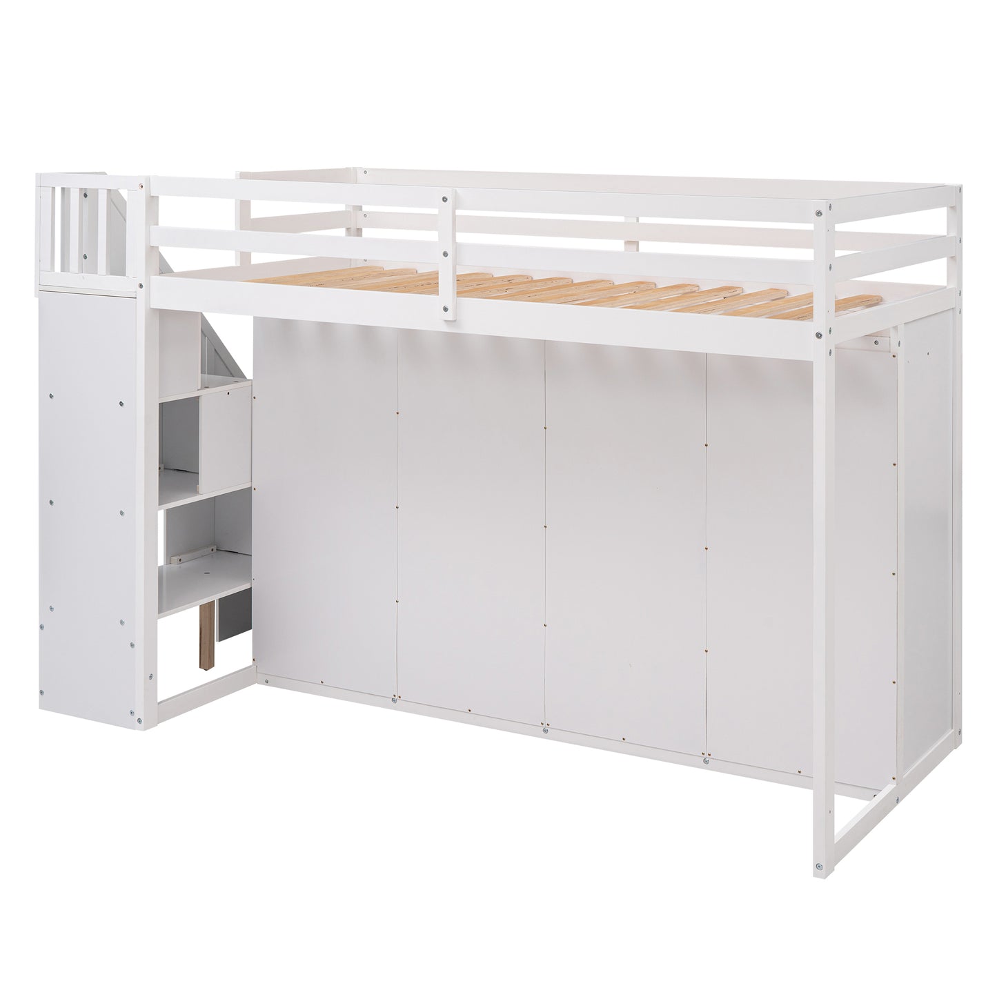 Functional Loft Bed with 3 Shelves, 2 Wardrobes and 2 Drawers,  Ladder with Storage, No Box Spring Needed, White