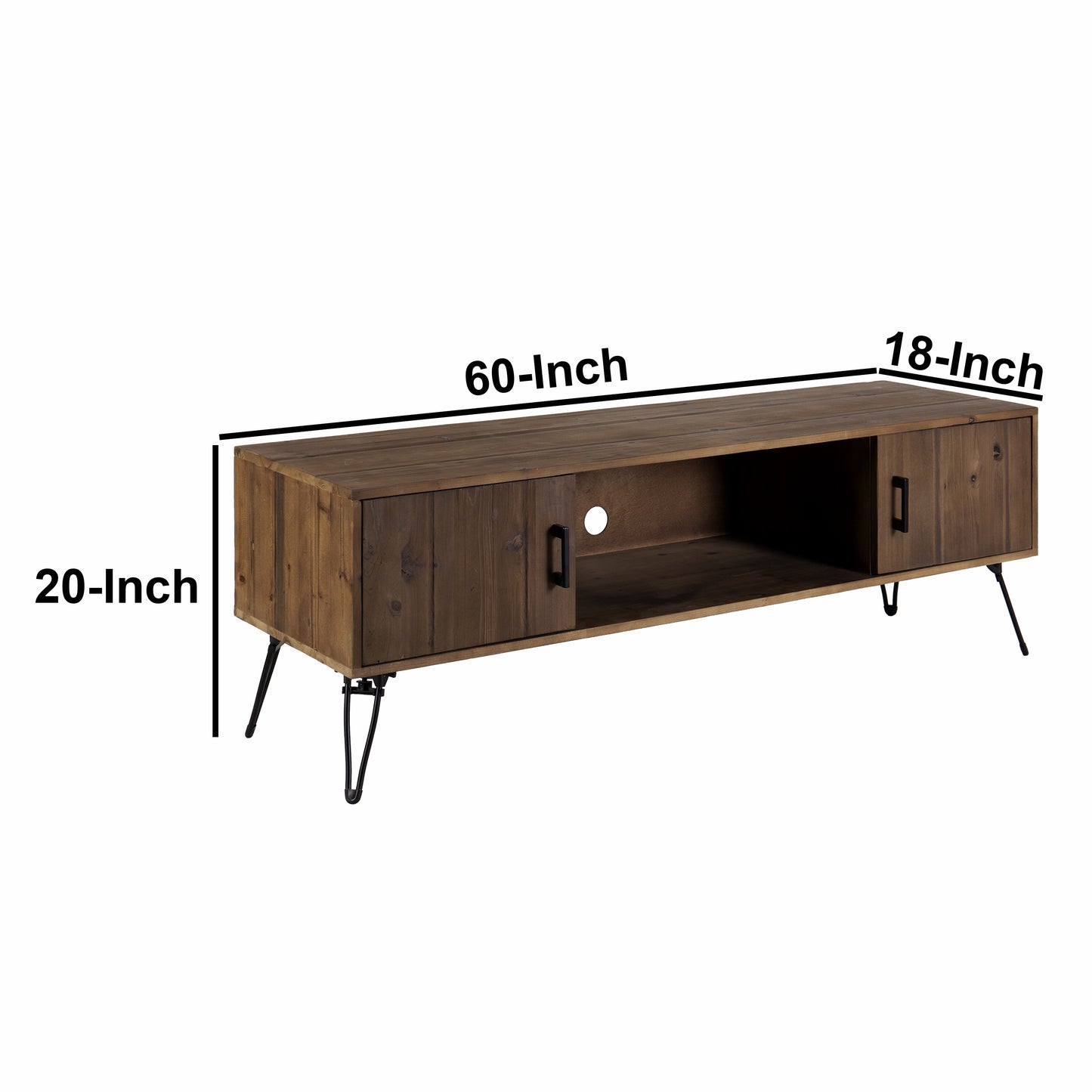 Clive 60 Inch Reclaimed Wood Farmhouse Media Console with Iron Legs, Natural Brown and Rustic Style