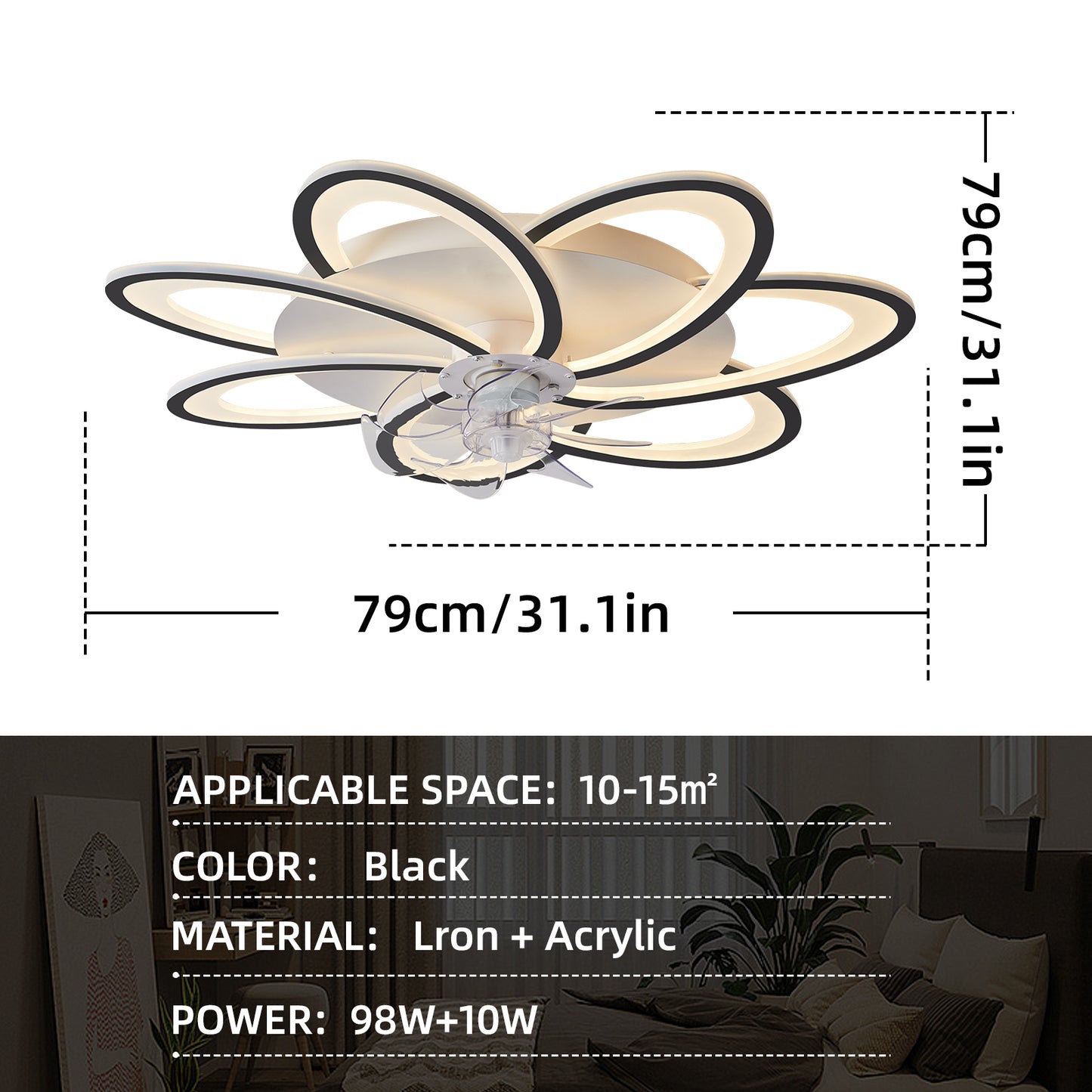 31-Inch Modern Black Acrylic Ceiling Fan with Dimmable LED Lights and Remote Control