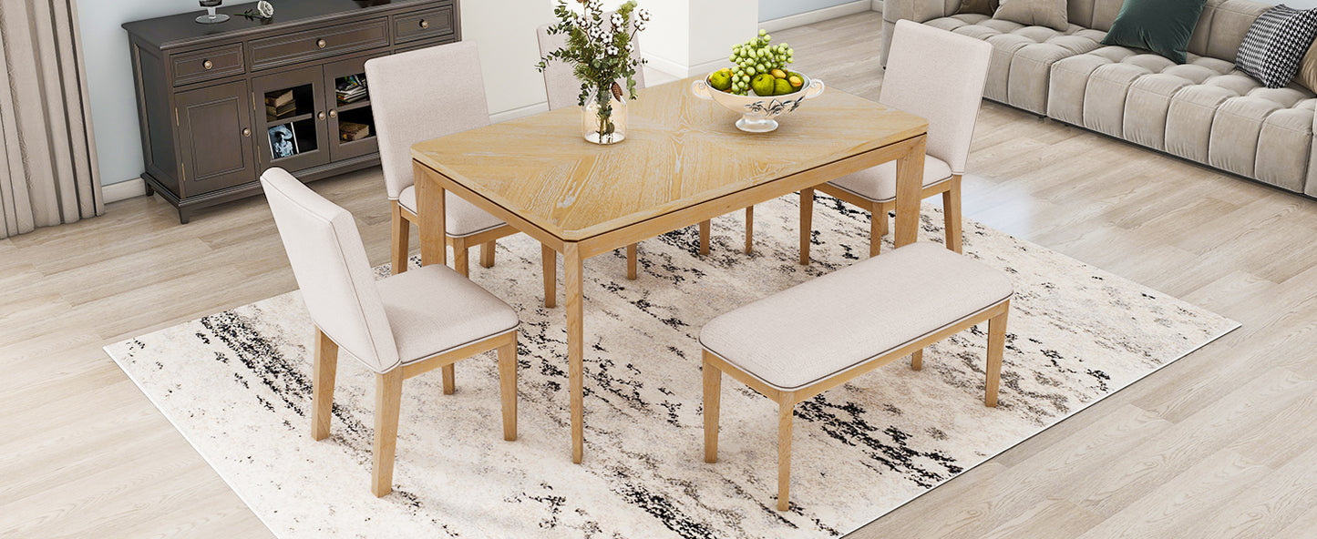 6-Piece Dining Table Set with Upholstered Dining Chairs and Bench,Farmhouse Style, Tapered Legs, Natural+Beige