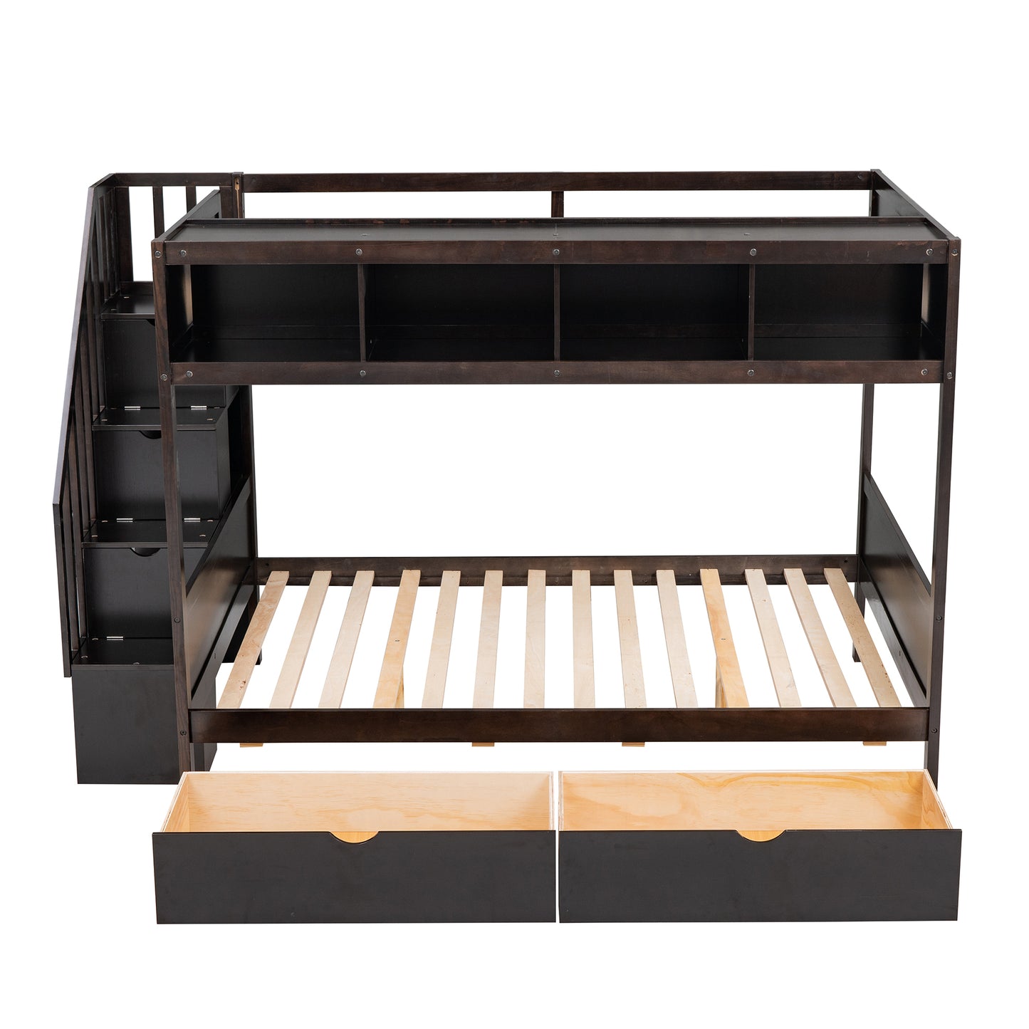 Espresso Finish Twin over Full Bunk Bed with Storage Staircase, Shelves, and 2 Drawers