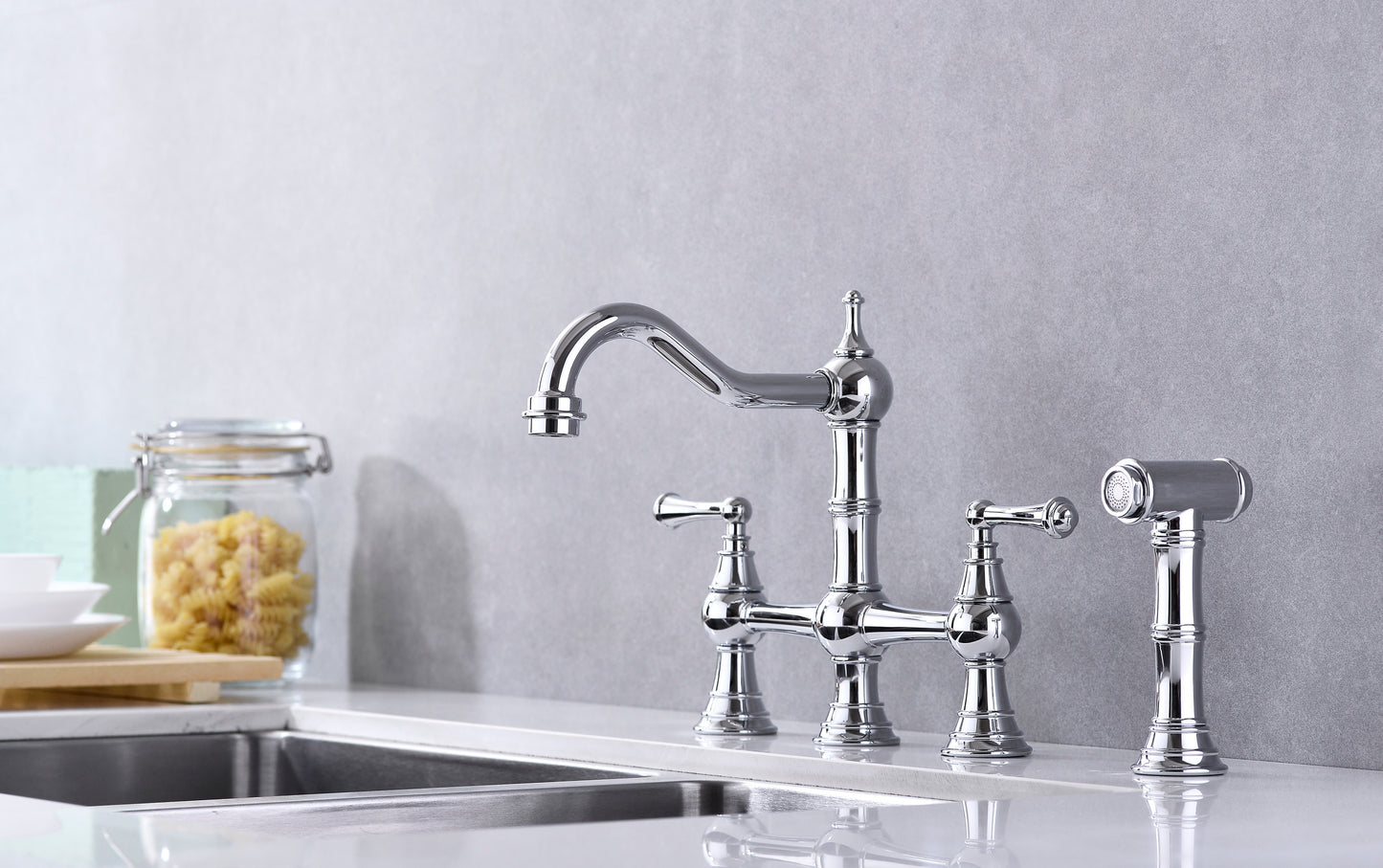 Bridge Dual Handles Kitchen Faucet With Pull-Out Side Spray in