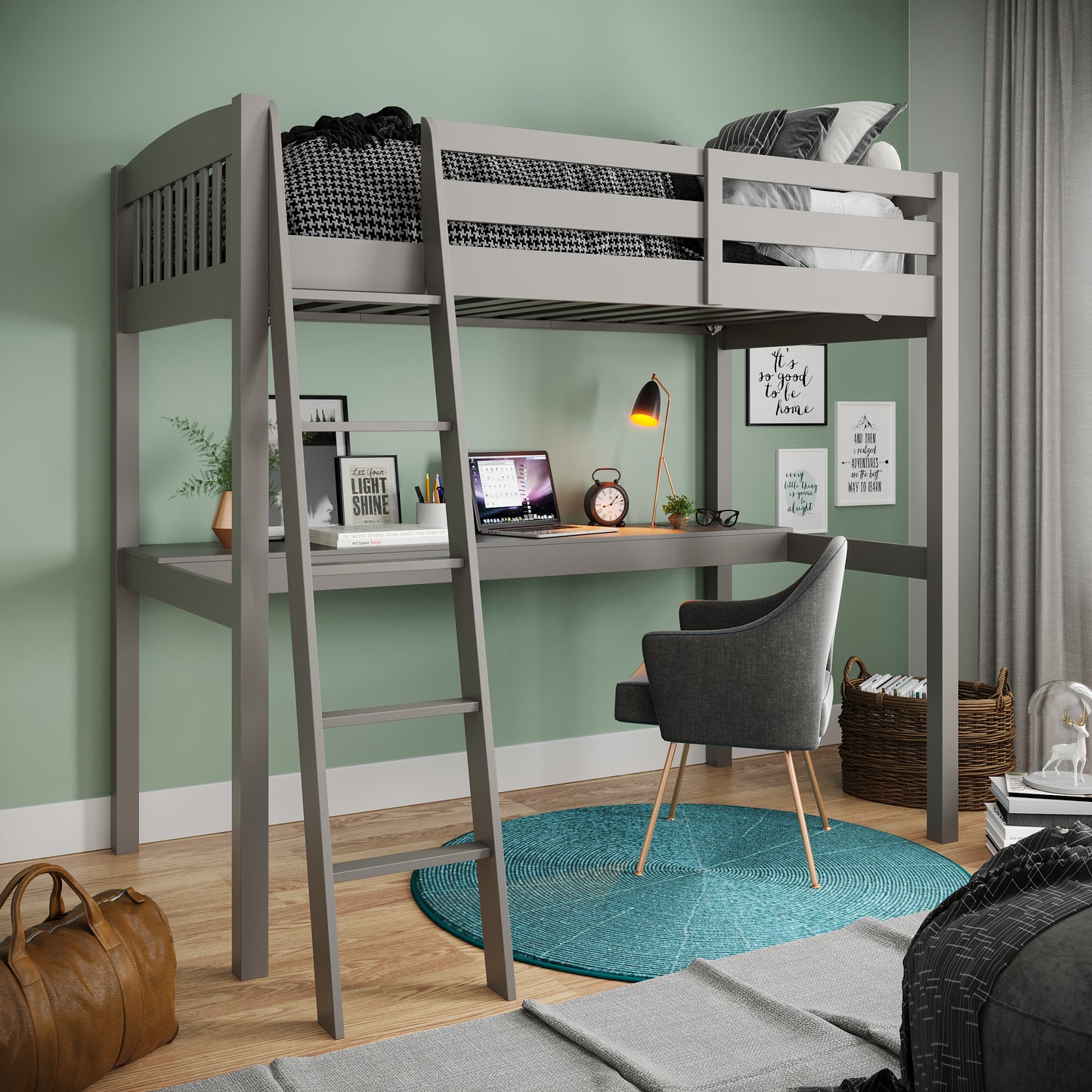 Everest Grey High Loft Bed with Desk and Storage, Heavy Duty Solid Wood Full Size Loft Bed Frame with Stairs for Kids and Toddlers, No Box Spring Needed