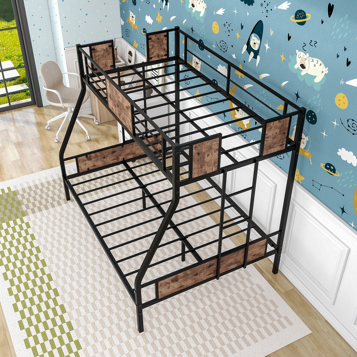 Sturdy Black Metal Bunk Bed with Brown Wood Panels