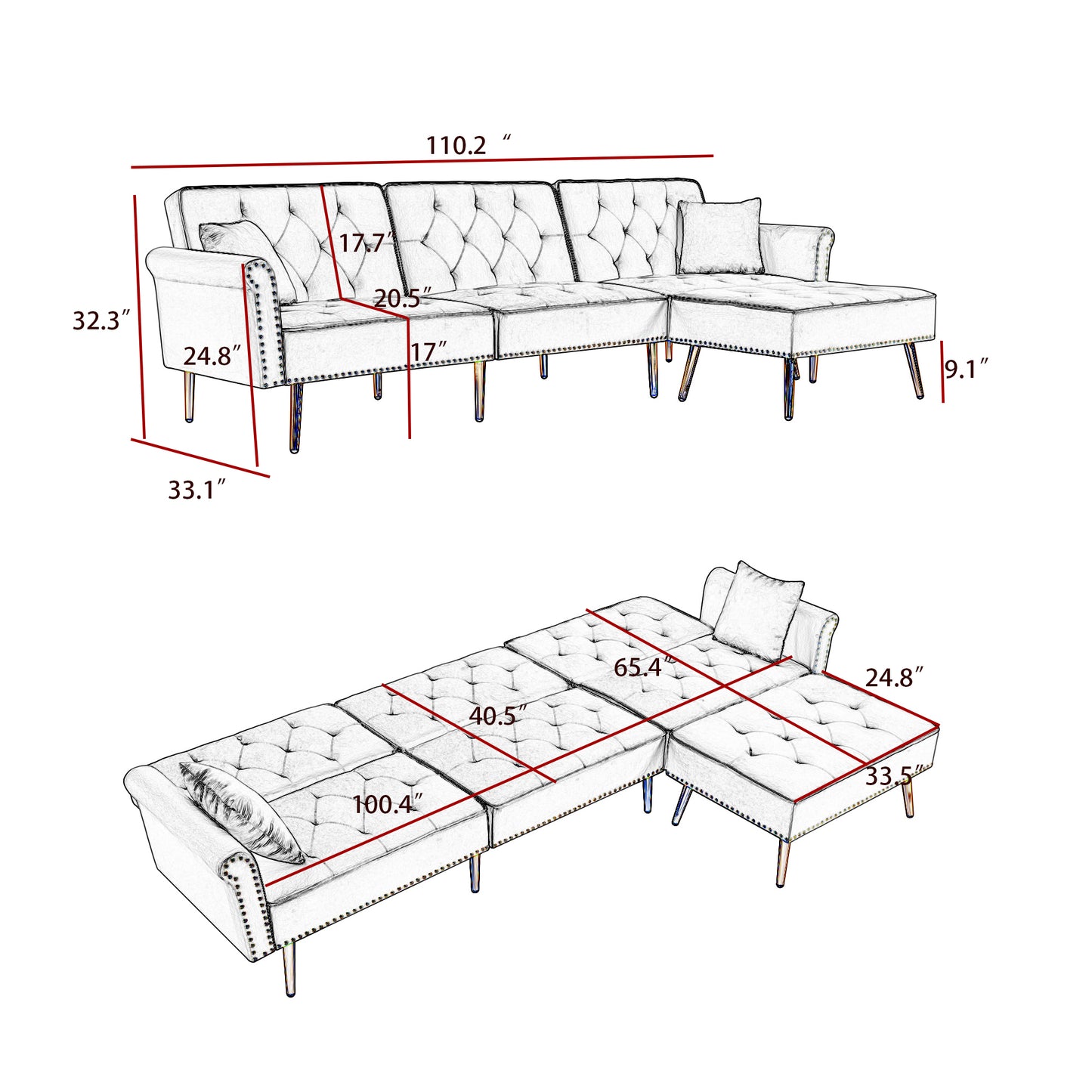 Modern Velvet Upholstered Reversible Sectional Sofa Bed , L-Shaped Couch with Movable Ottoman and Nailhead Trim For Living Room. (Light Grey)