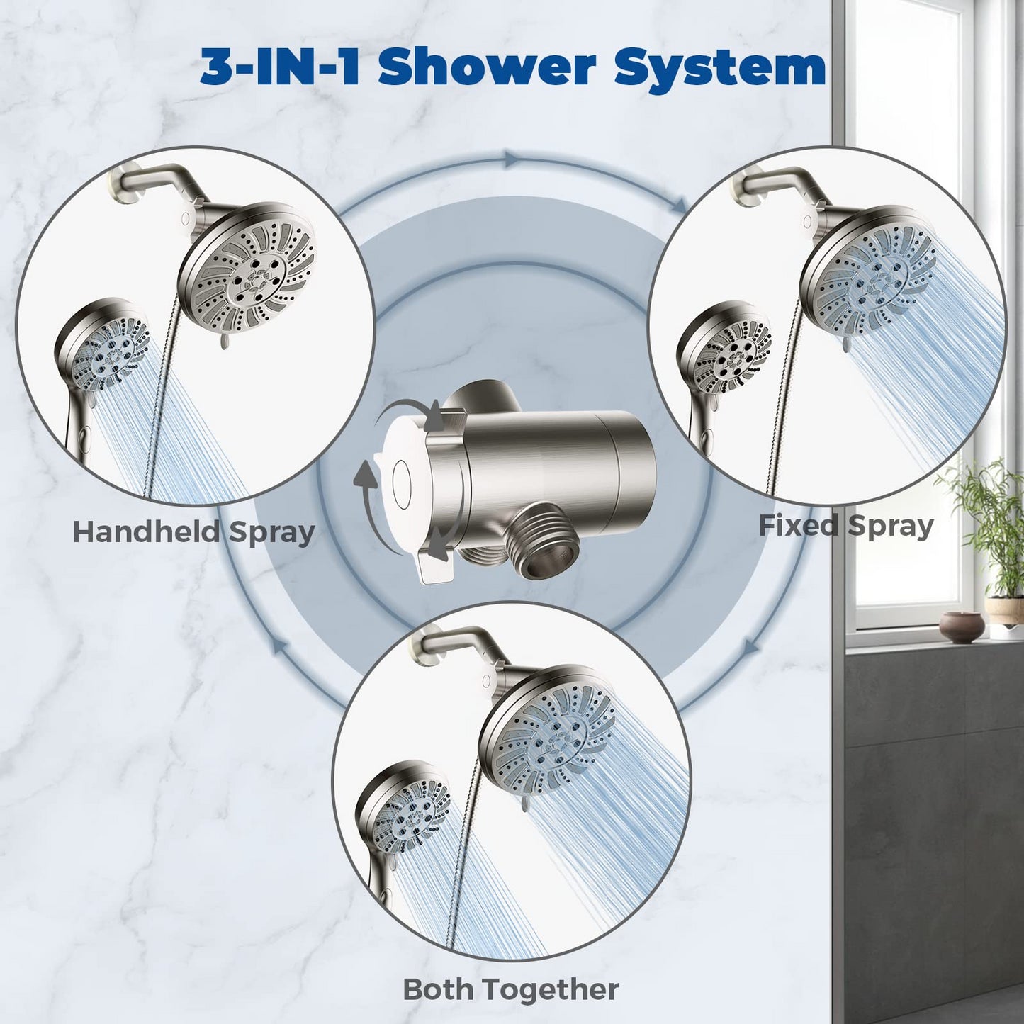 6-Setting Handheld and Rainfall Shower Head Combo with Extended Stainless Steel Hose