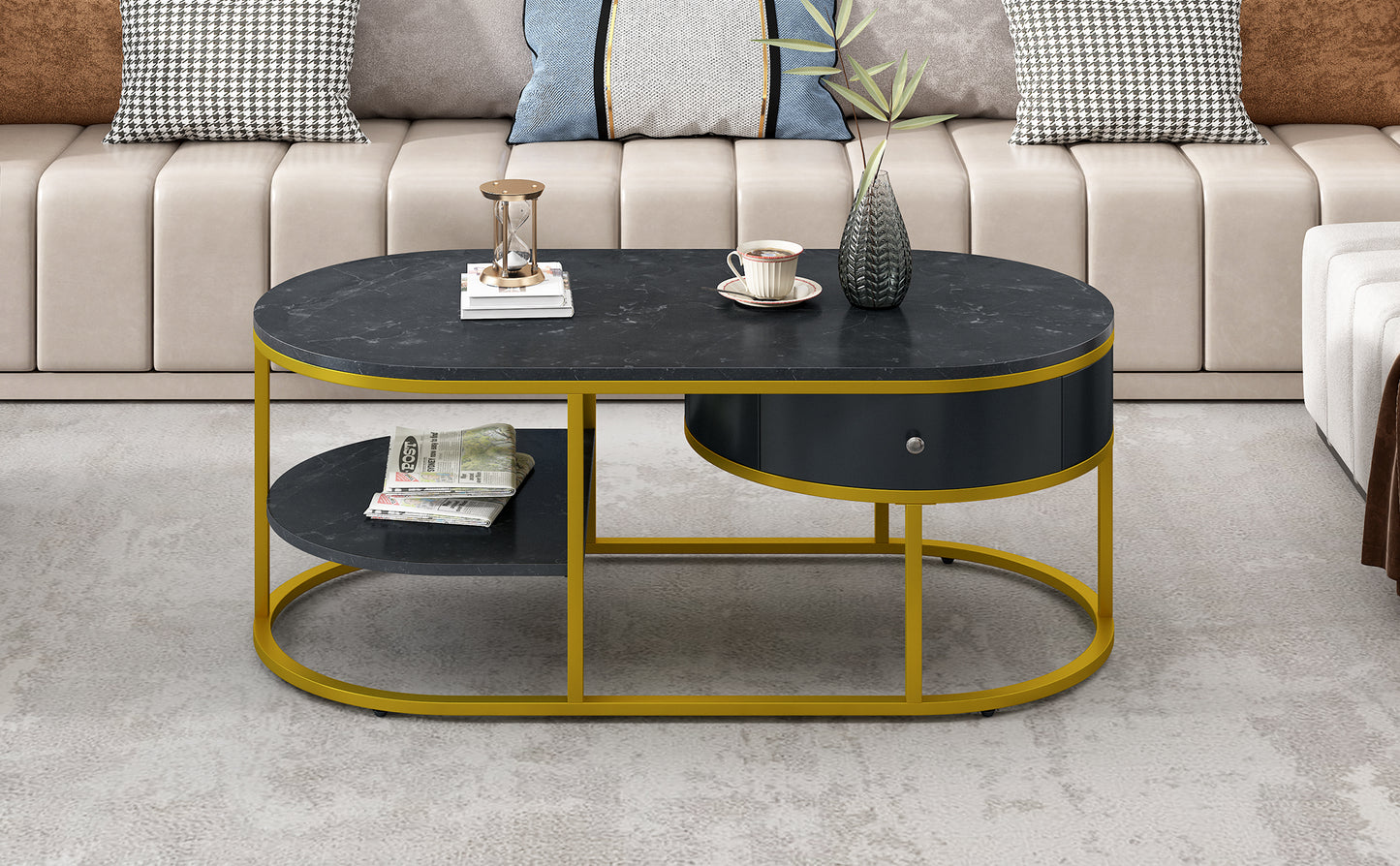 Golden Marble Coffee Table with Metal Frame, Drawers & Shelves for Living Room