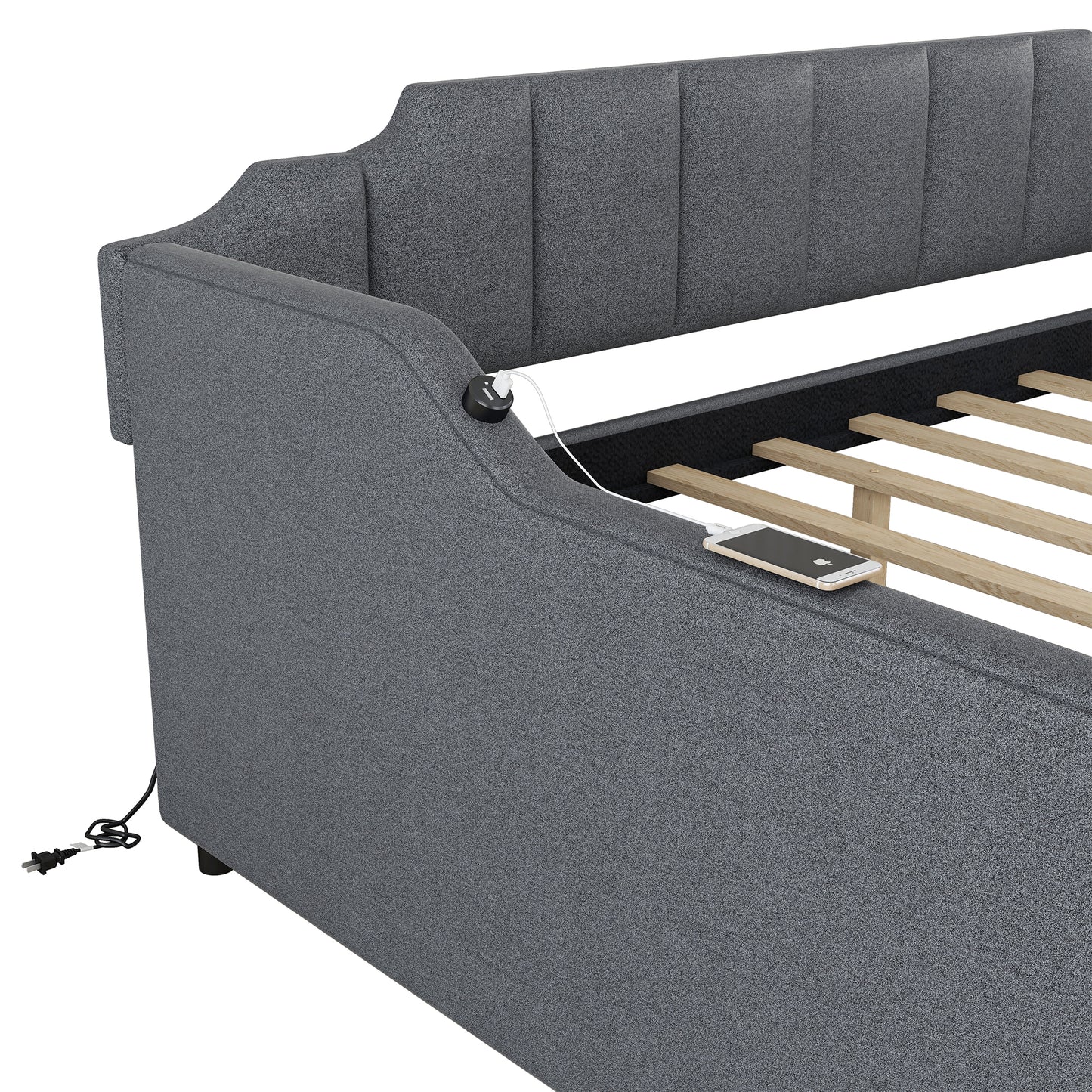 Full Size Upholstery Daybed with Trundle and USB Charging Design,Trundle can be flat or erected,Gray