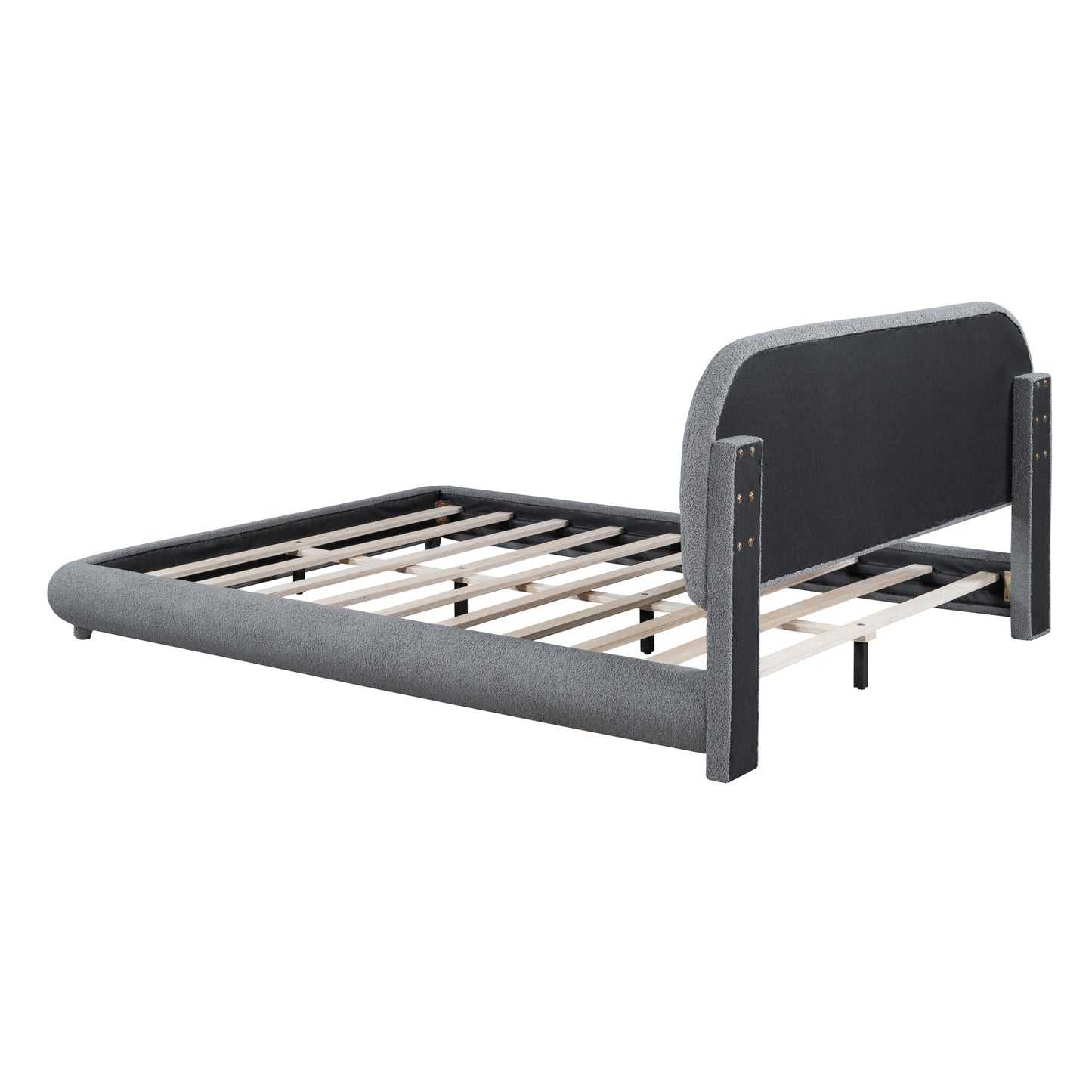 Teddy Fleece Queen Size Upholstered Platform Bed with Thick Fabric, Solid Frame and Stylish Curve-shaped Design, Gray