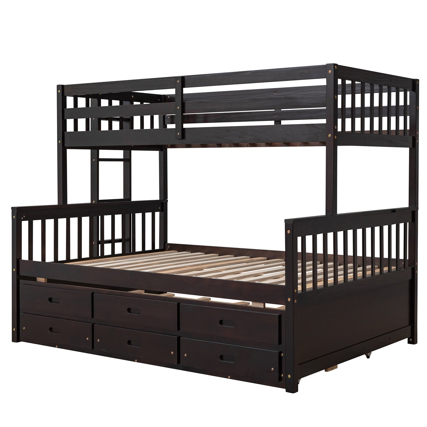 Rustic Three-Bedroom Bunk Bed with Trundle and Drawers - Espresso