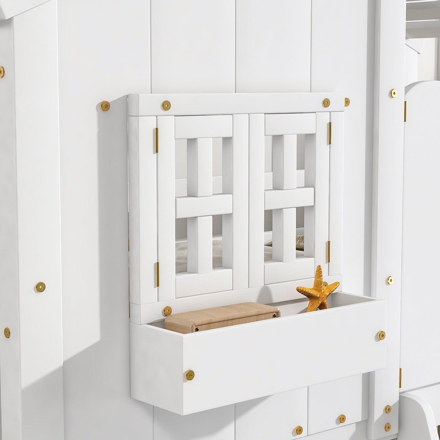 Cabin Inspired Kids' White Bunk Bed with Roof, Window, and Door