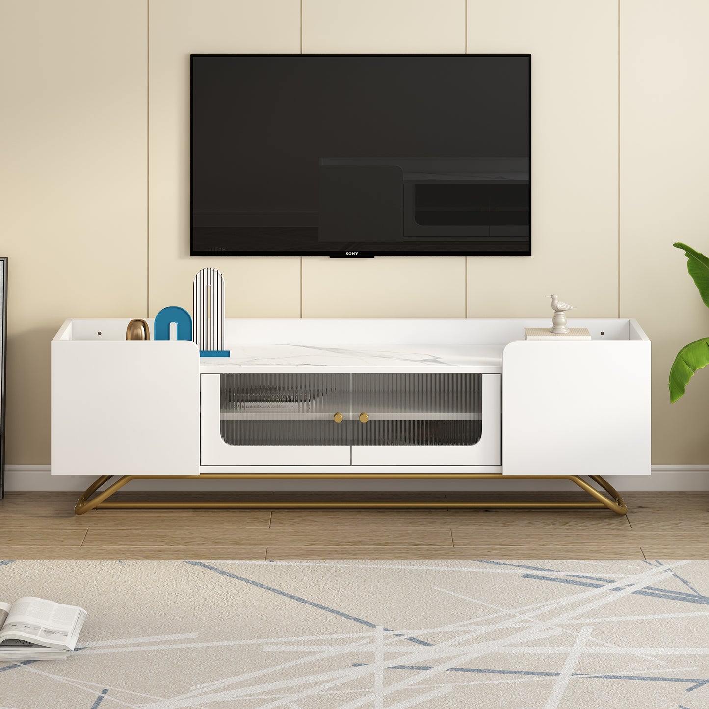 Contemporary White TV Stand with Fluted Glass Doors, Faux Marble Top, and Gold Metal Accents