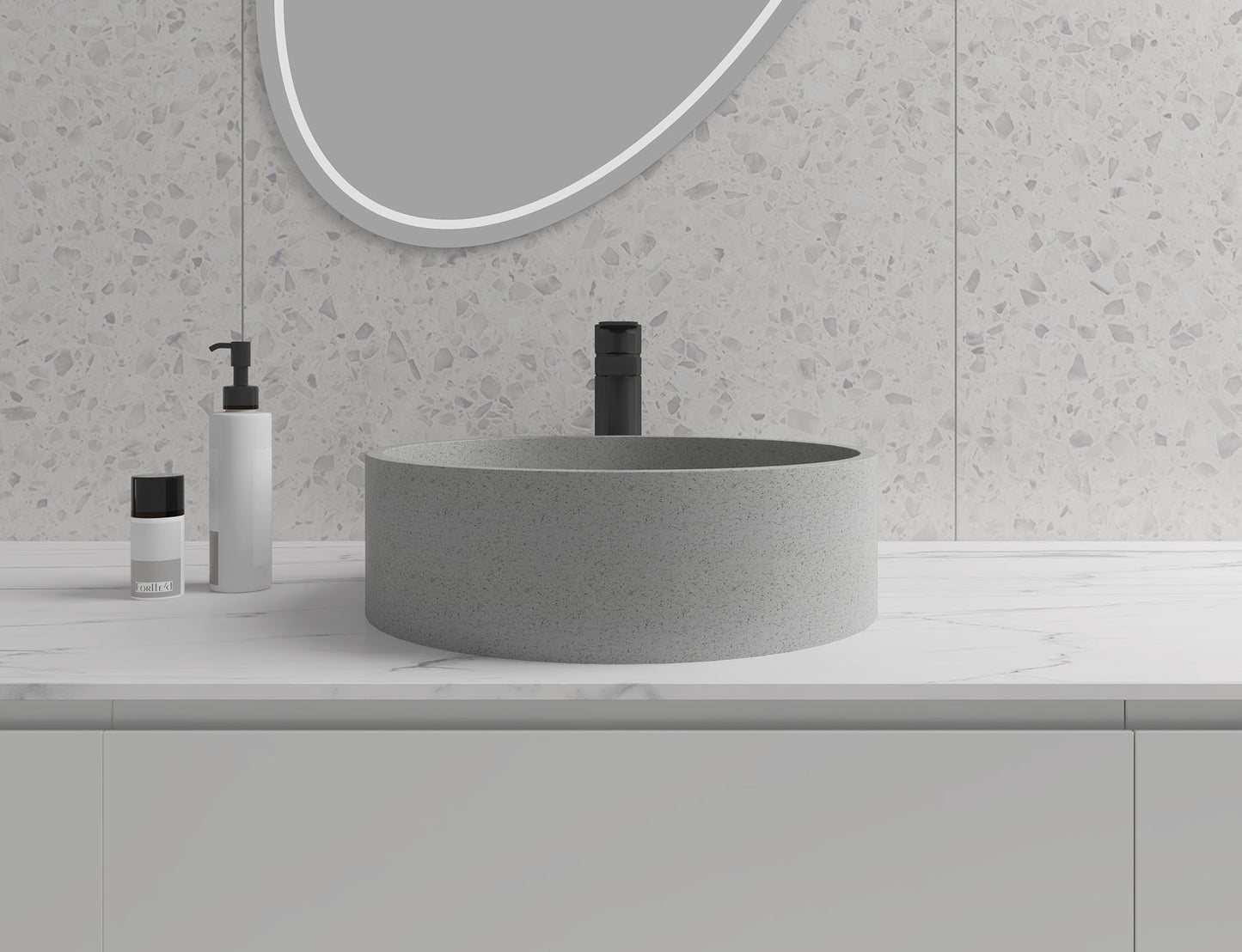 Round Concrete Vessel Bathroom Sink Handmade Concreto Stone Basin Counter Freestanding  Bathroom Vessel  Sink in Grey without  Faucet and Drain