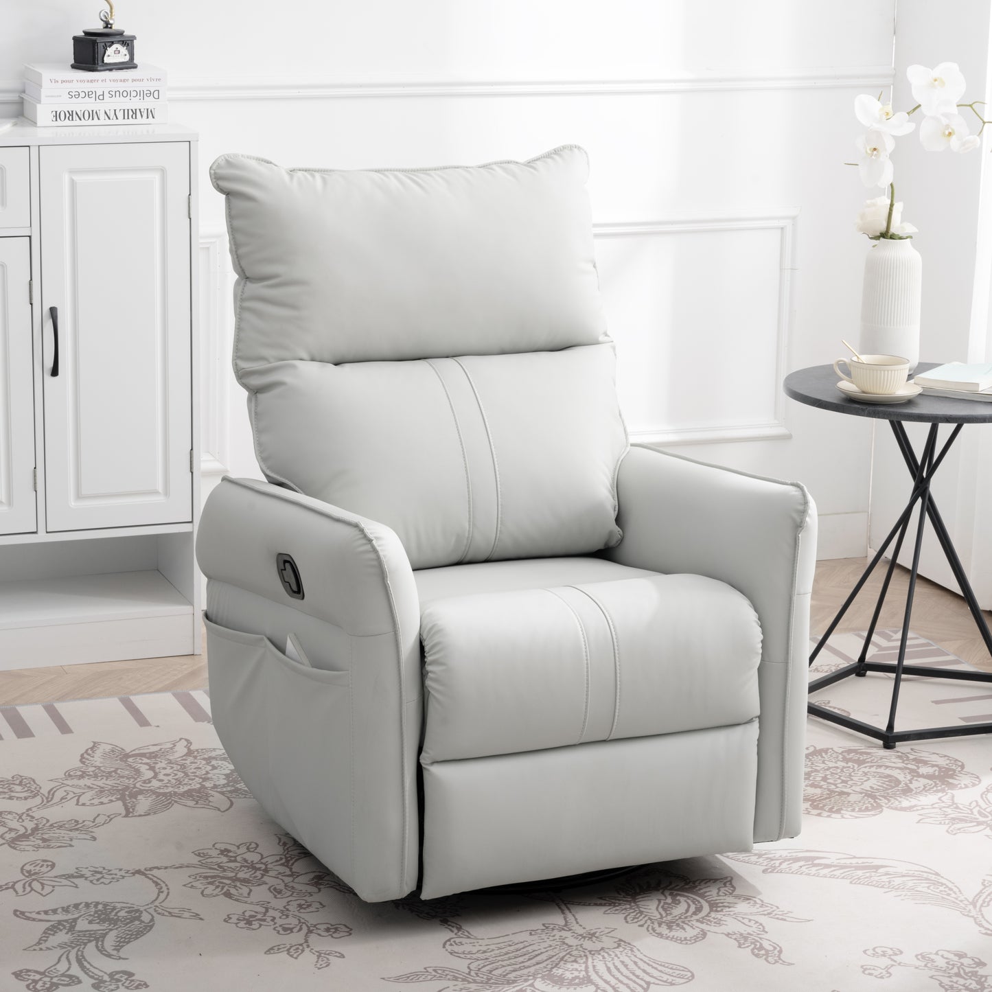 Light Gray Swivel Rocking Recliner Chair with Side Pockets