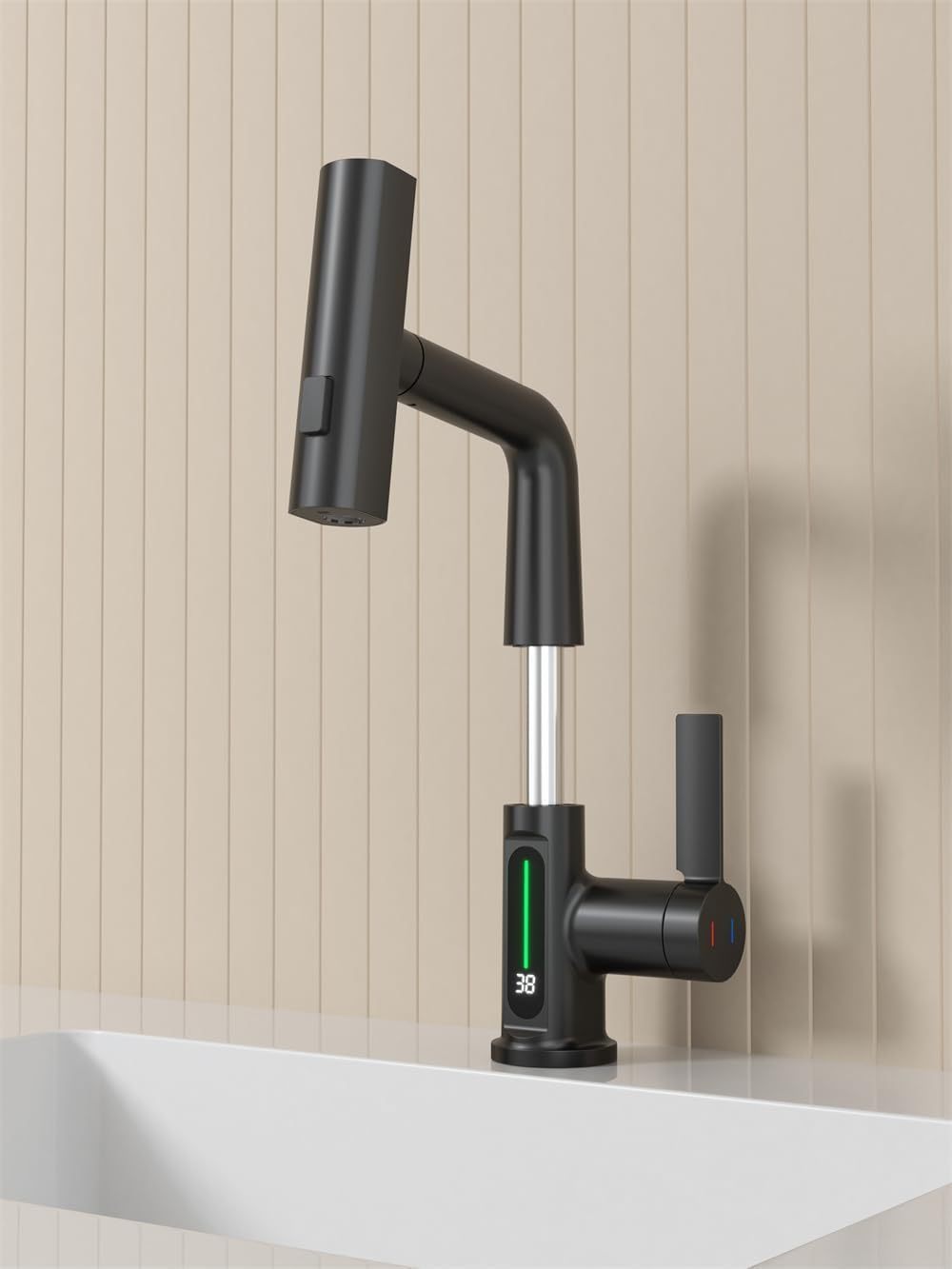 Matte Black LED Temperature Display Bathroom Basin Faucet with Pull-Out Lift Feature