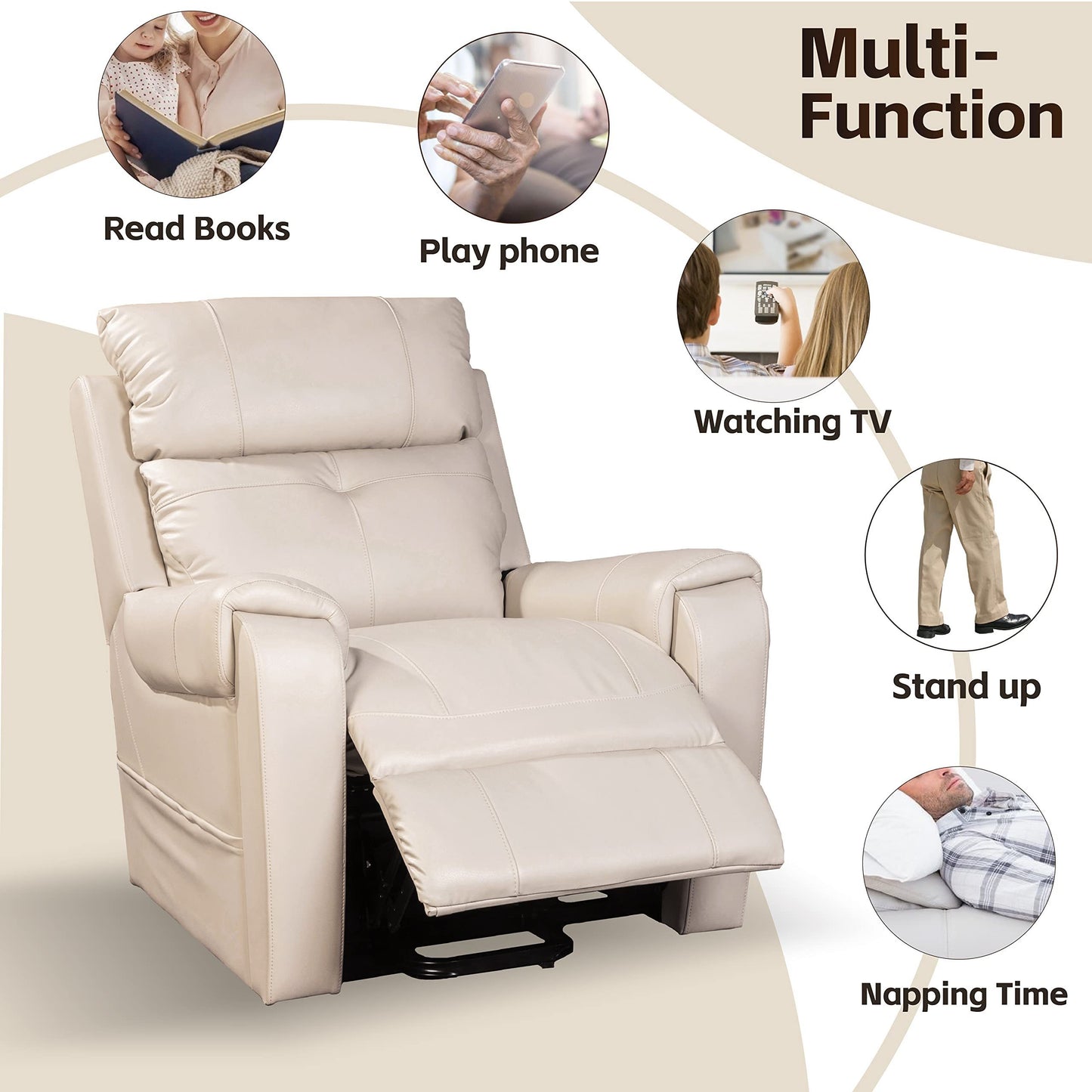 Electric Power Lift Chair Recliner with Massage and Heating for Elderly (Beige)