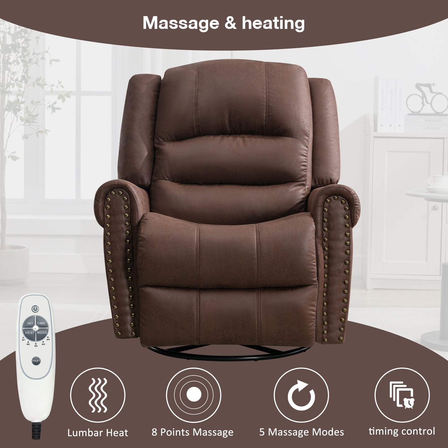 Brown Rocking Recliner Chair with Massage and USB Charge Port