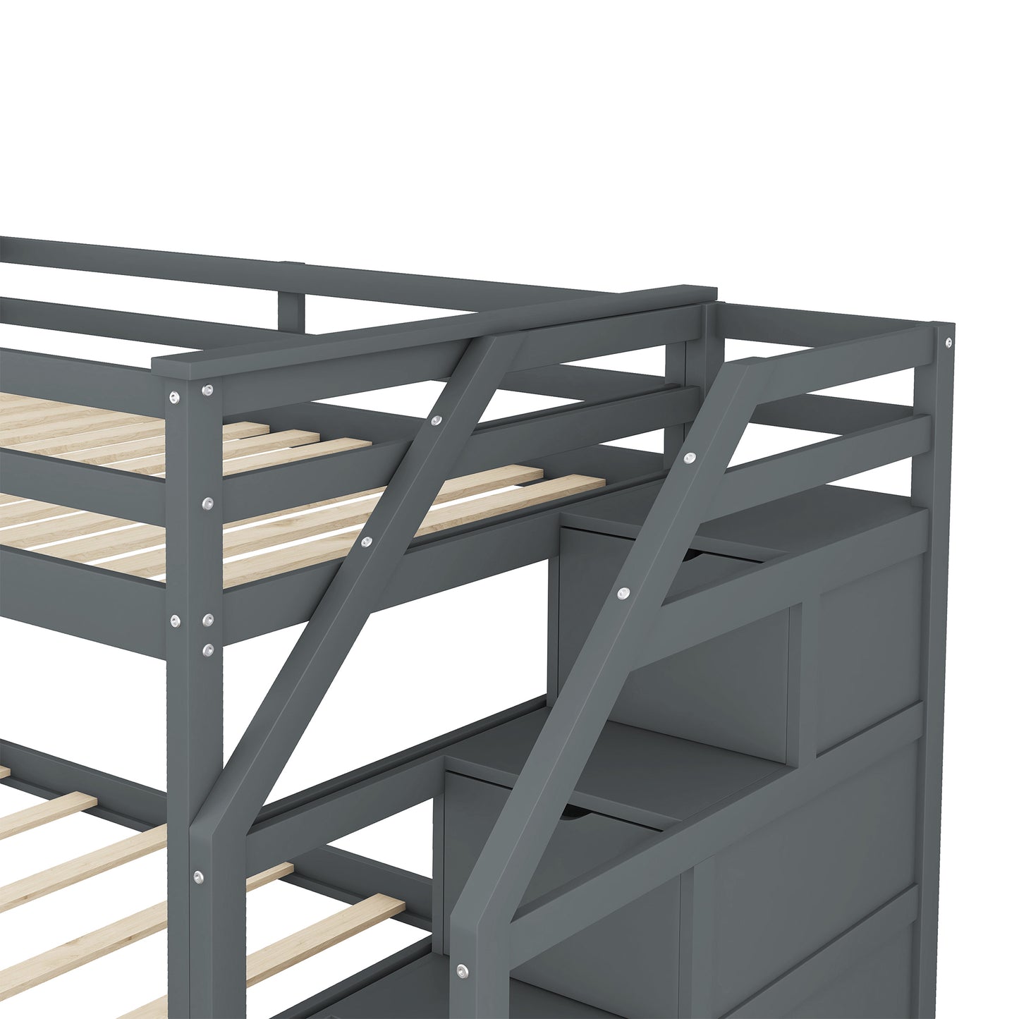 Versatile Gray Twin Bunk Bed with Trundle and Staircase