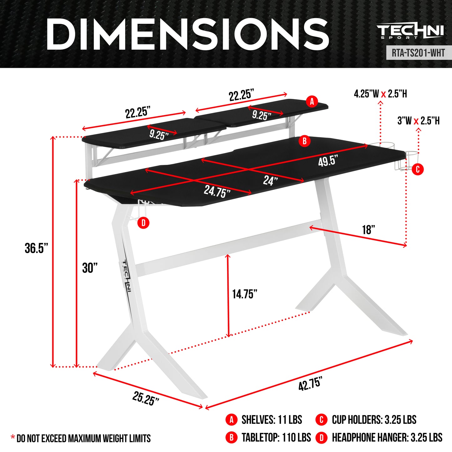 Tech-inspired White Stryker Gaming Desk with Dual Monitor Shelves, White