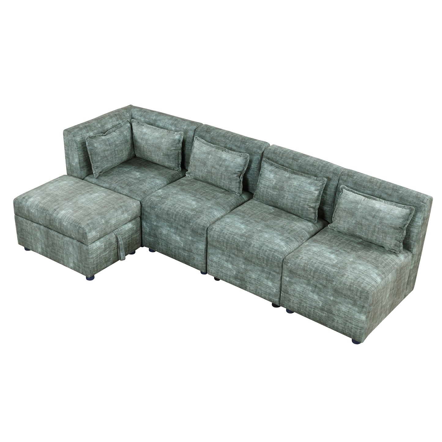 Endless Lounge Creations: Free-Combined Blue-Green Sectional Sofa with Storage Ottoman and 5 Pillows