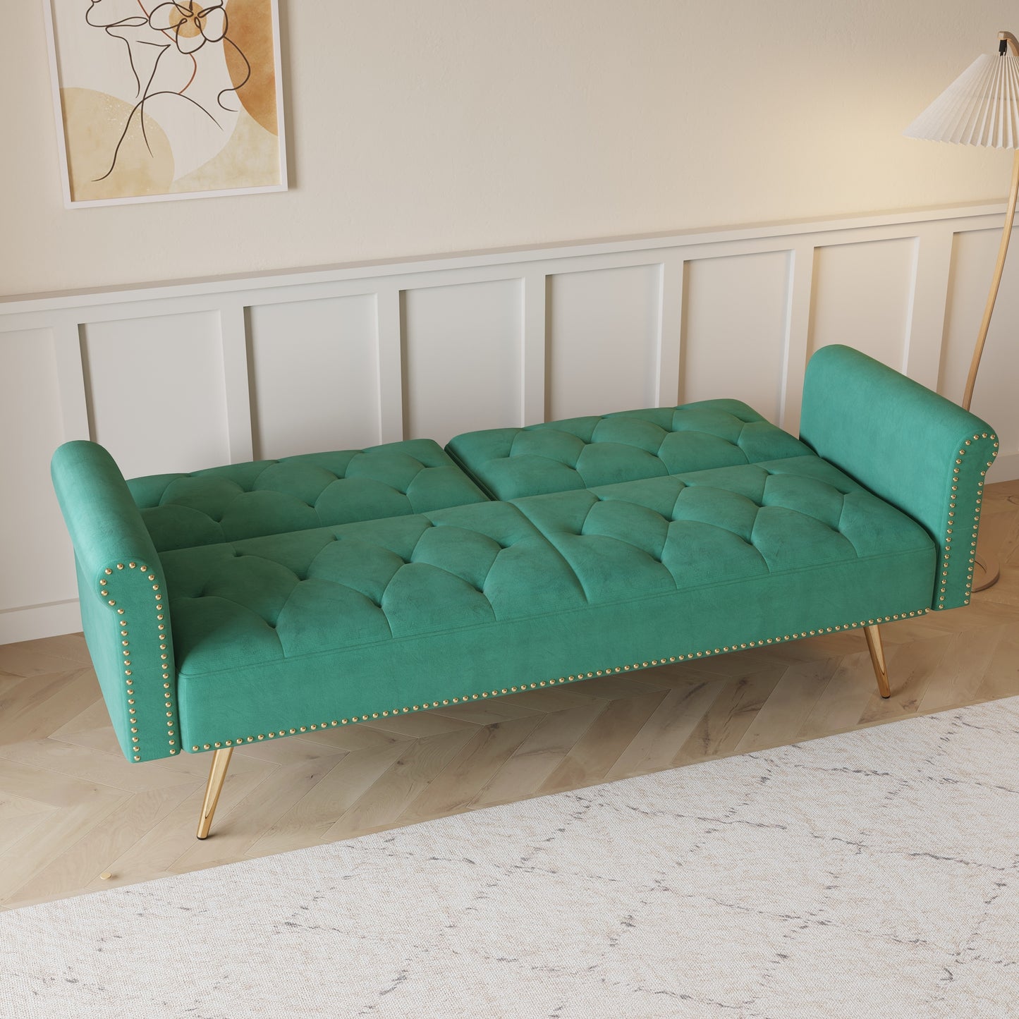 69.7 Green Velvet Sofa Bed with Nail Head Trim and Throw Pillow