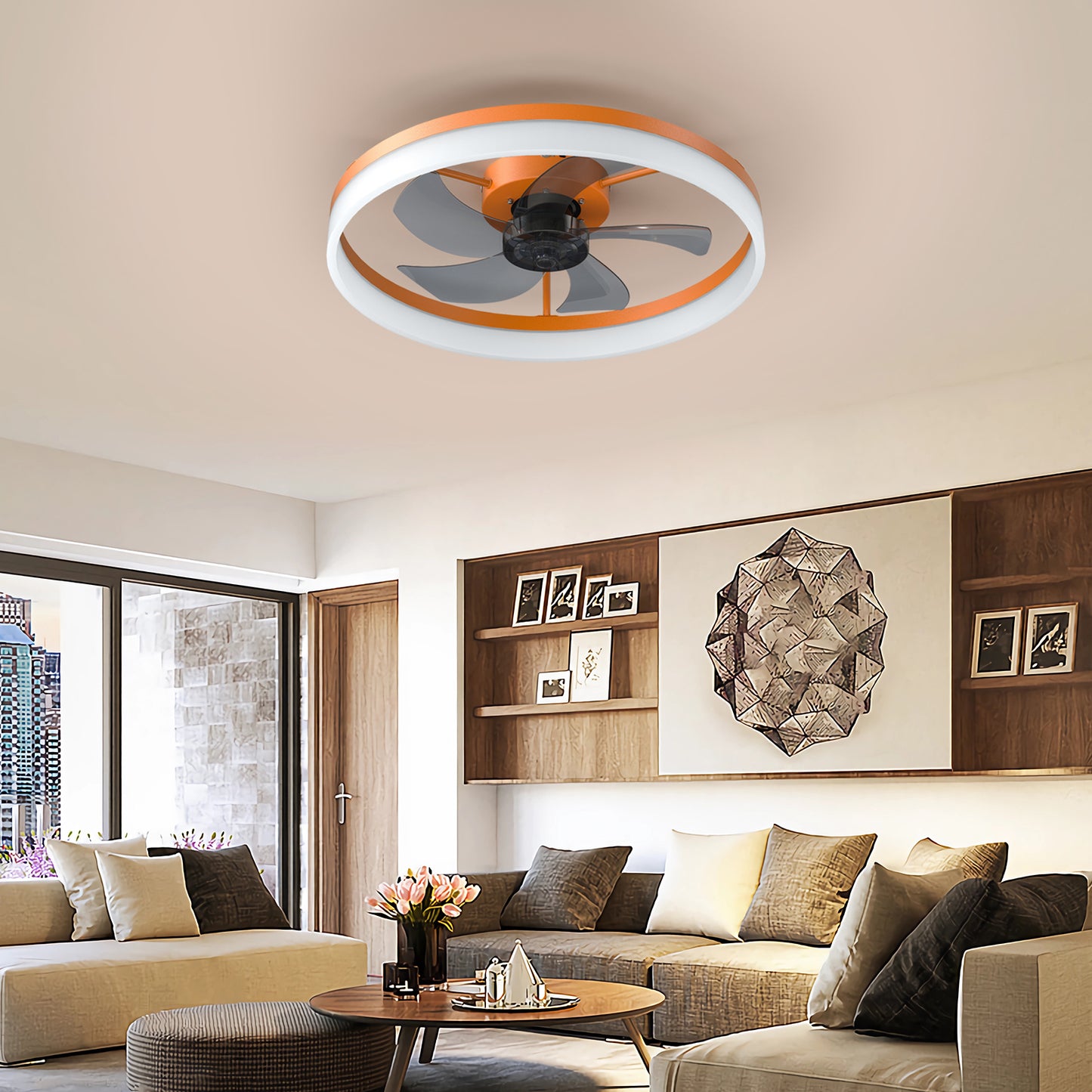 Modern Orange Ceiling Fans with Dimmable LED Lights