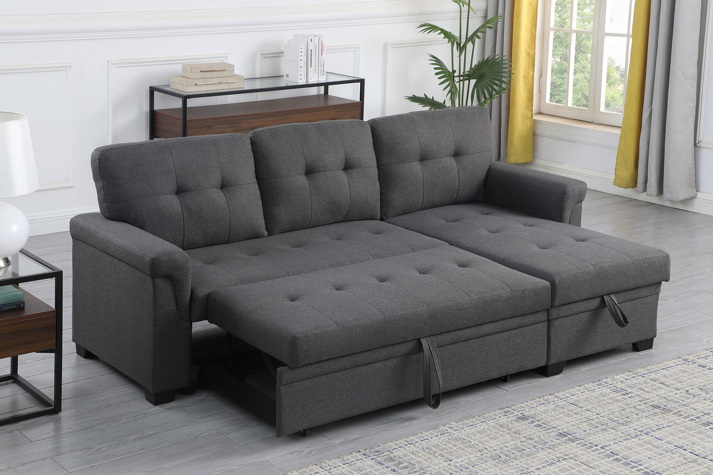 Lucca Dark Gray Linen Sectional Sofa with Reversible Sleeper Chaise and Storage