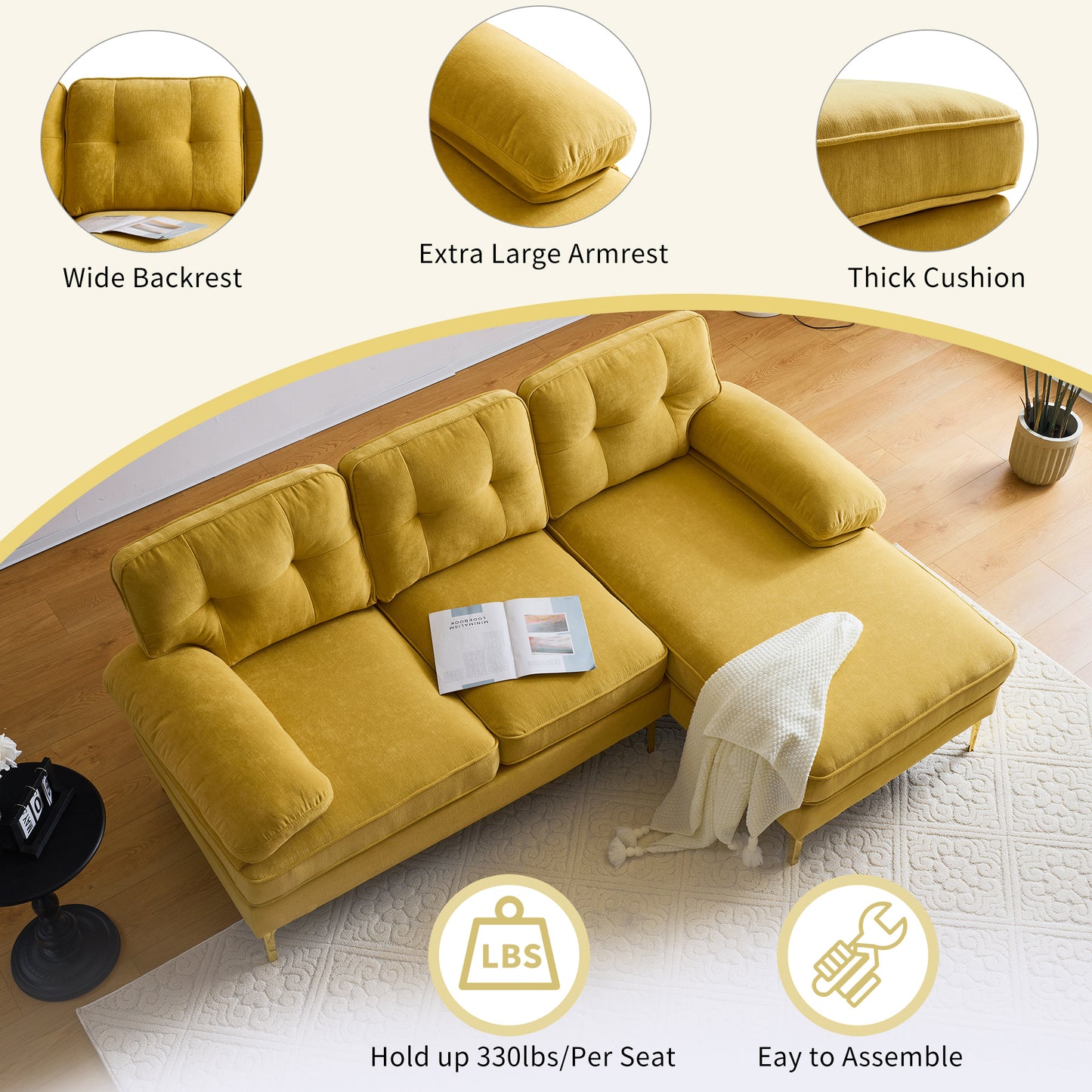 Modern Yellow Velvet L-Shaped Sectional Sofa for Living Room or Bedroom