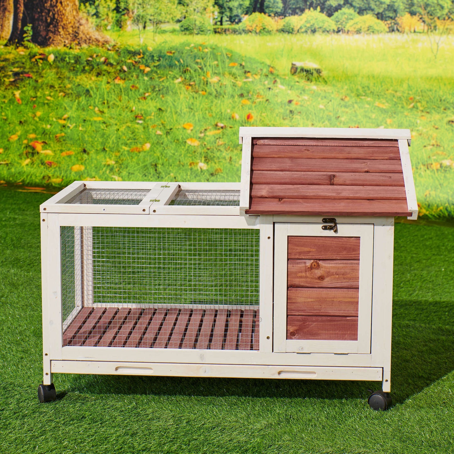 Wooden Rabbit Hutch 40.7" L x 23.4" W x 30" H, Bunny Cage with 4 Wheels, Auburn