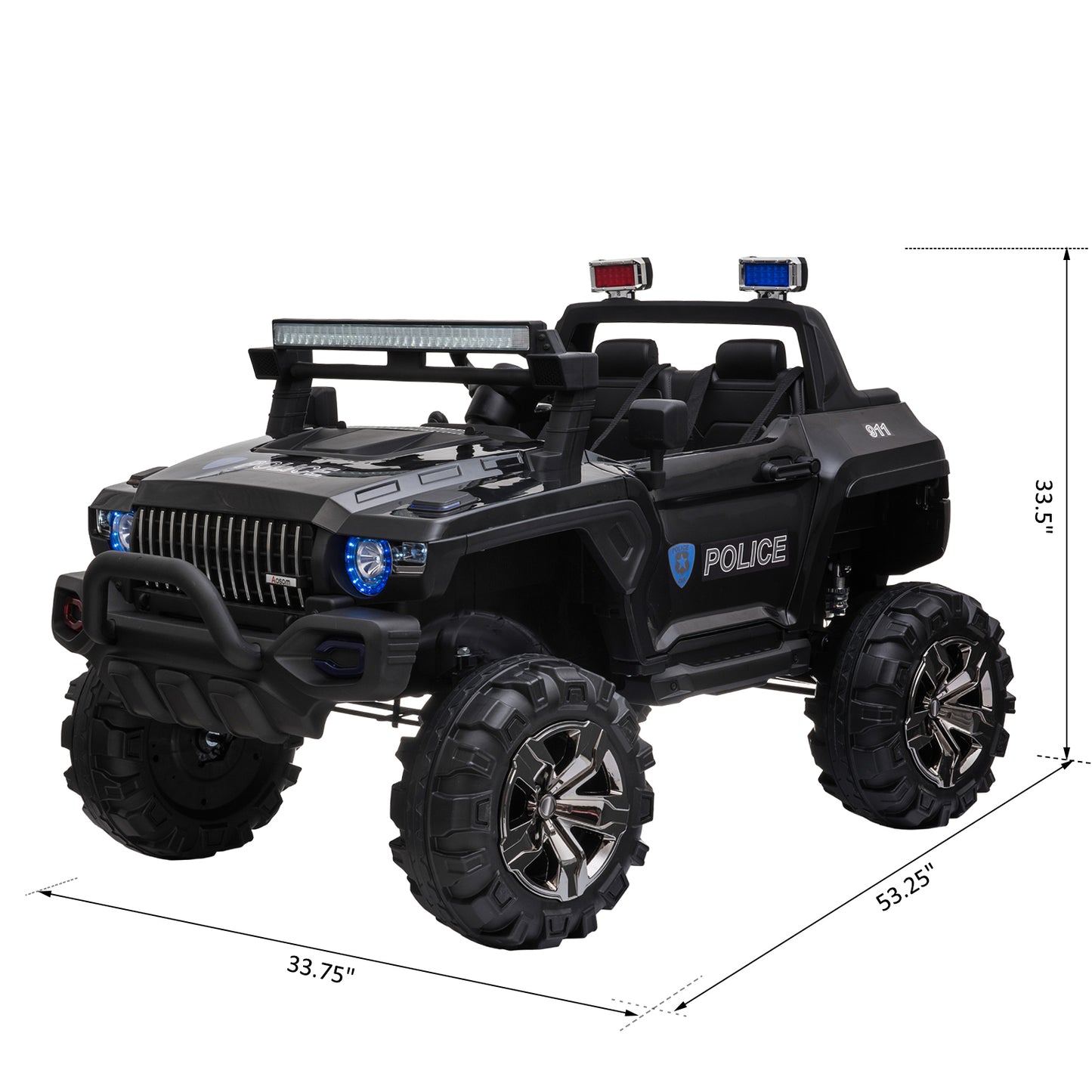 Aosom Big Size 53"L 2-Seater 12V Police Car Ride-on Truck with Remote Control and Siren, Battery-Operated Electric Car for Kids with Suspension, MP3 Player, Lights, Music, Horn, Black