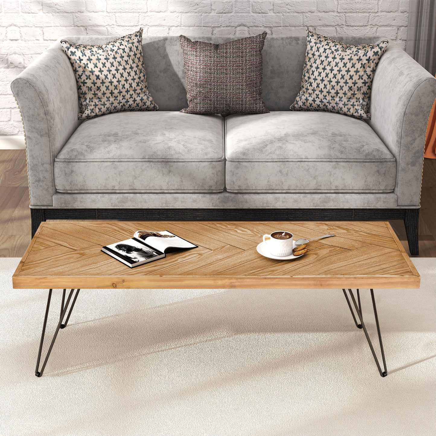 Retro-Modern Ash Wood Coffee Table with Chevron Pattern & Metal Hairpin Legs