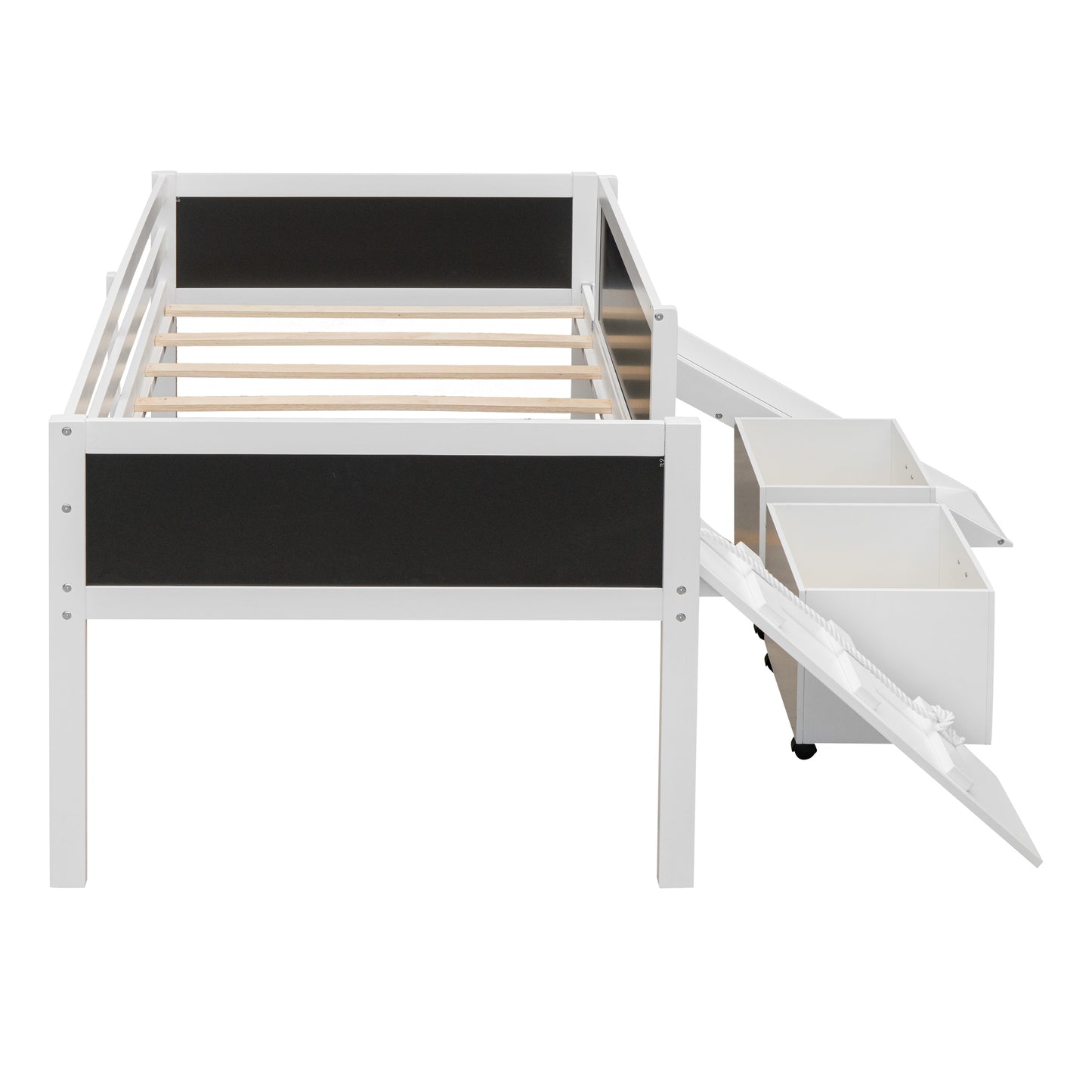 Twin size Loft Bed Wood Bed with Two Storage Boxes - White