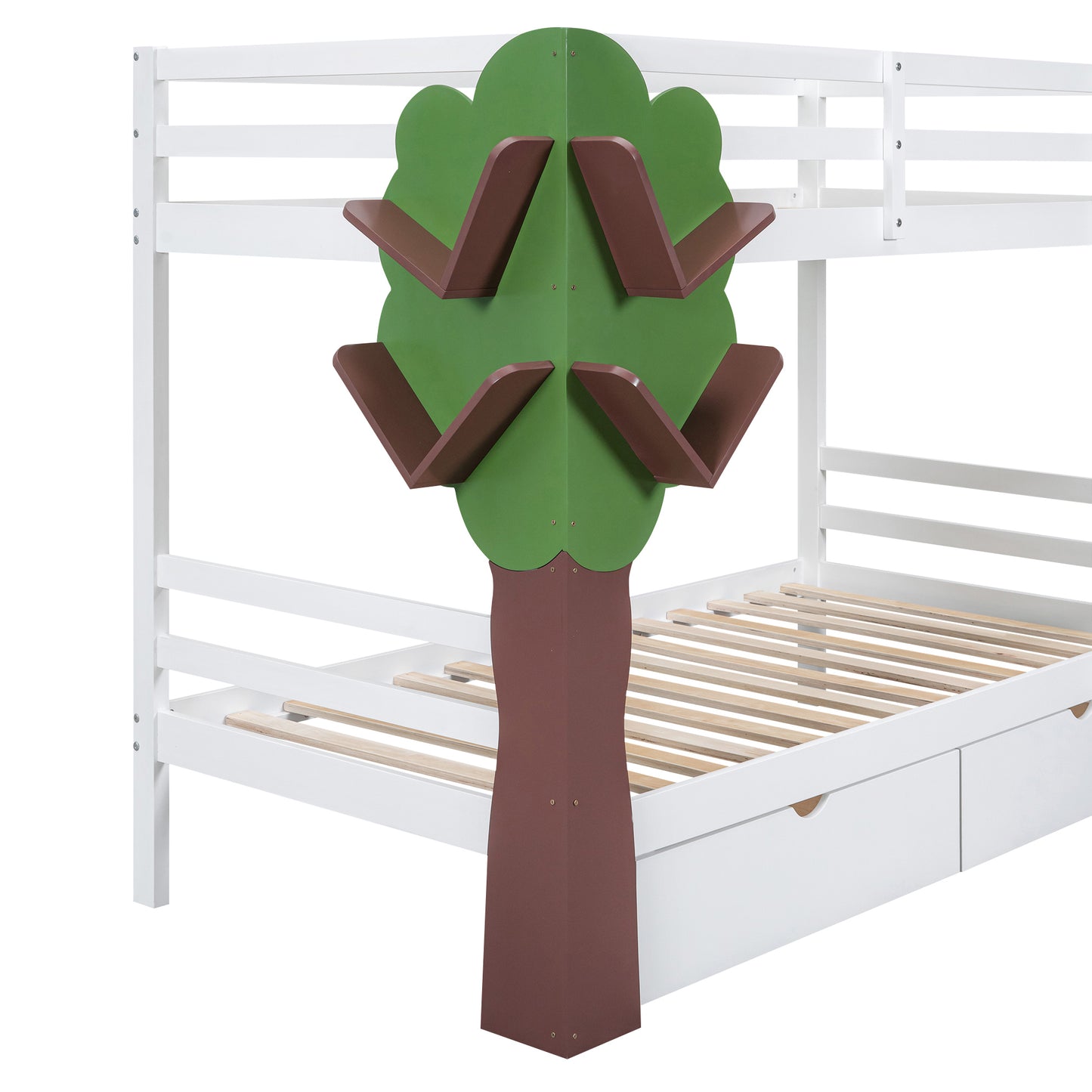 White Twin Bunk Bed with Tree Design and Storage Drawers