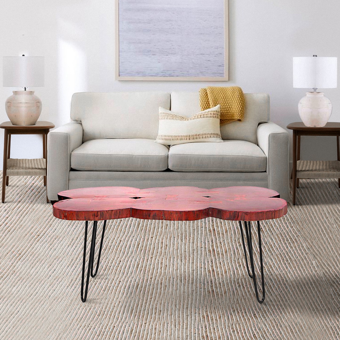 44 Inch Acacia Wood Coffee Table with Quatrefoil Top and Iron Hairpin Legs, Walnut Brown and Black Live Edge