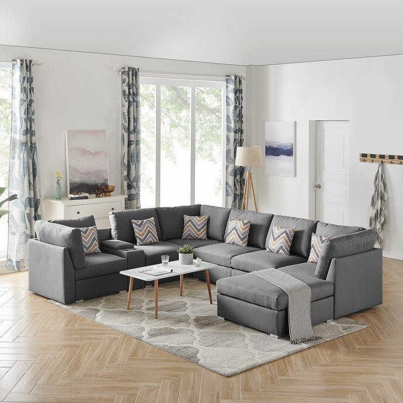 Amira Grey Fabric Configurable Sectional Sofa with USB Console and Ottoman