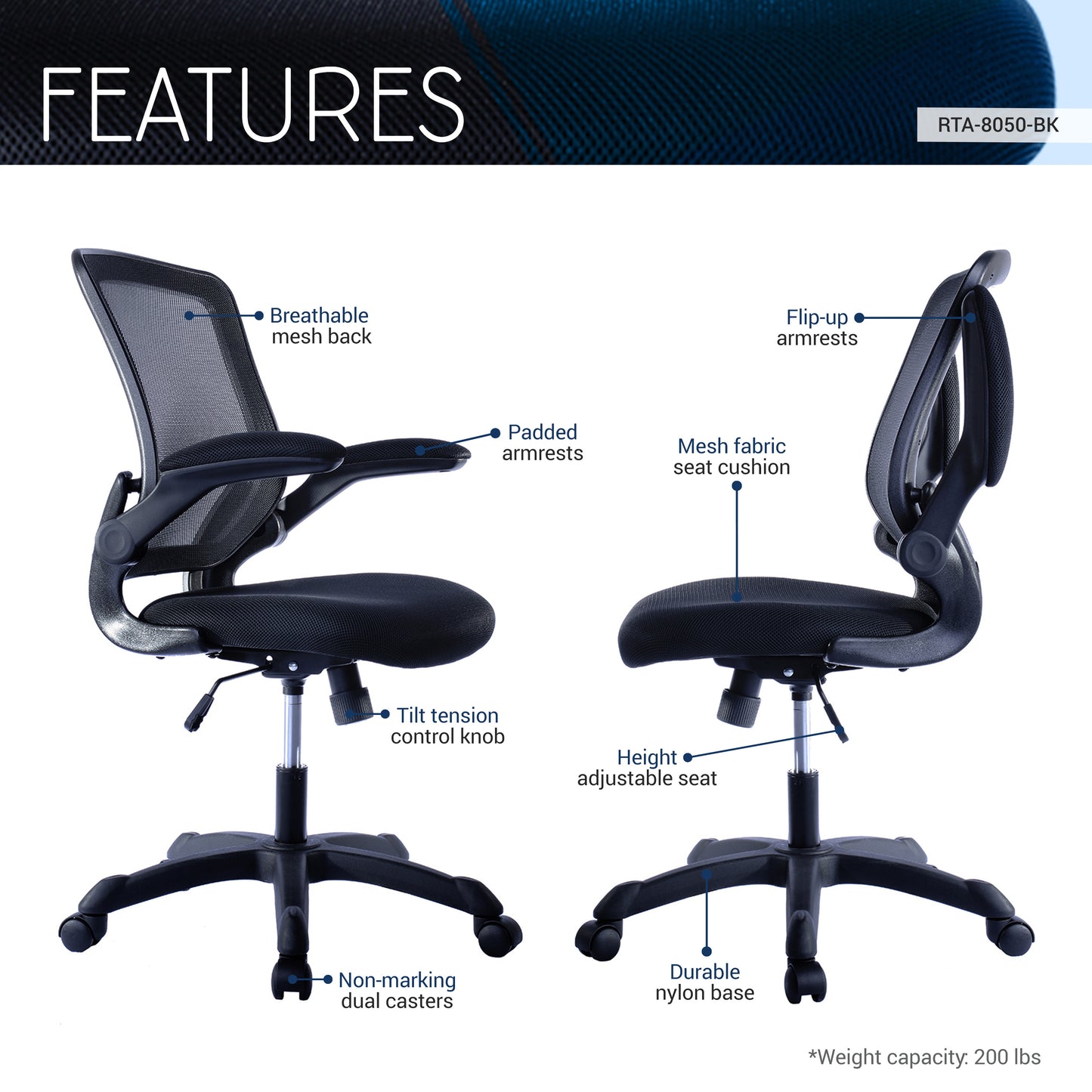 Mesh Task Office Chair with Flip-Up Arms, Black