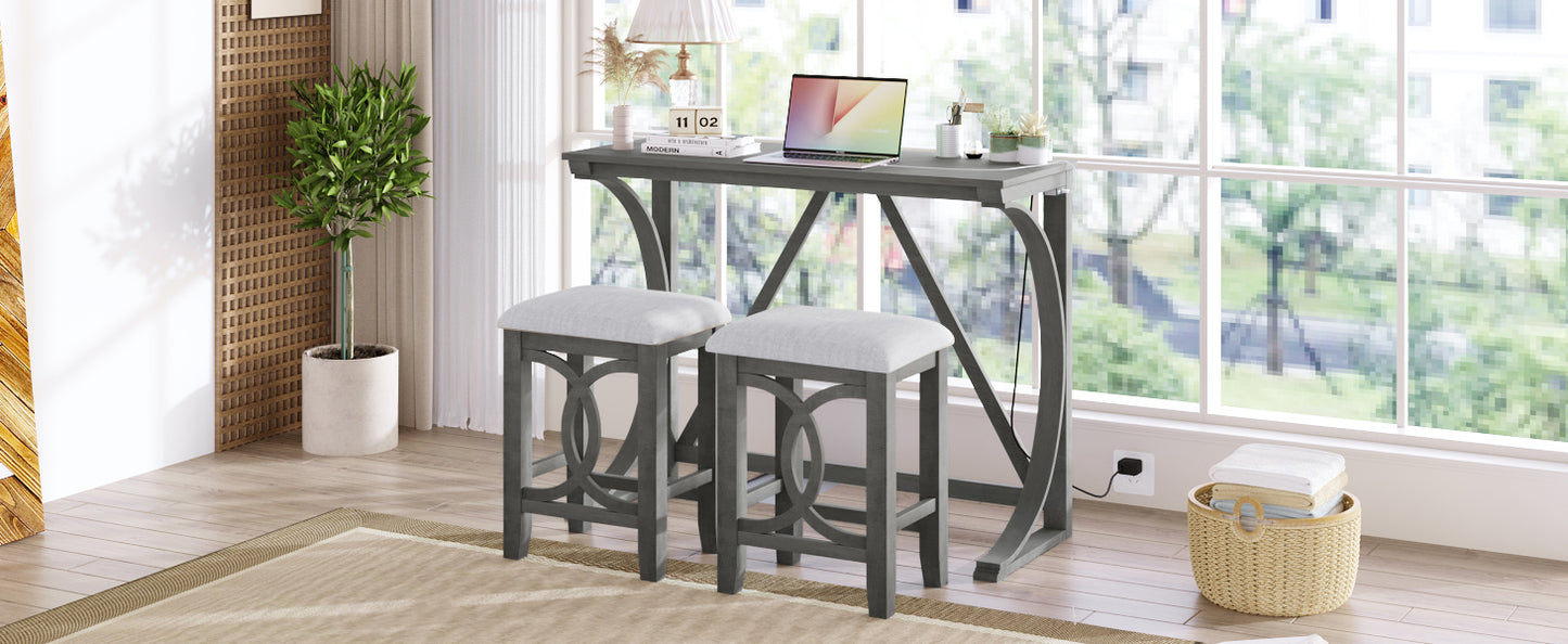 Farmhouse 3-Piece Counter Height Dining Table Set with USB Port and Upholstered Stools,Gray